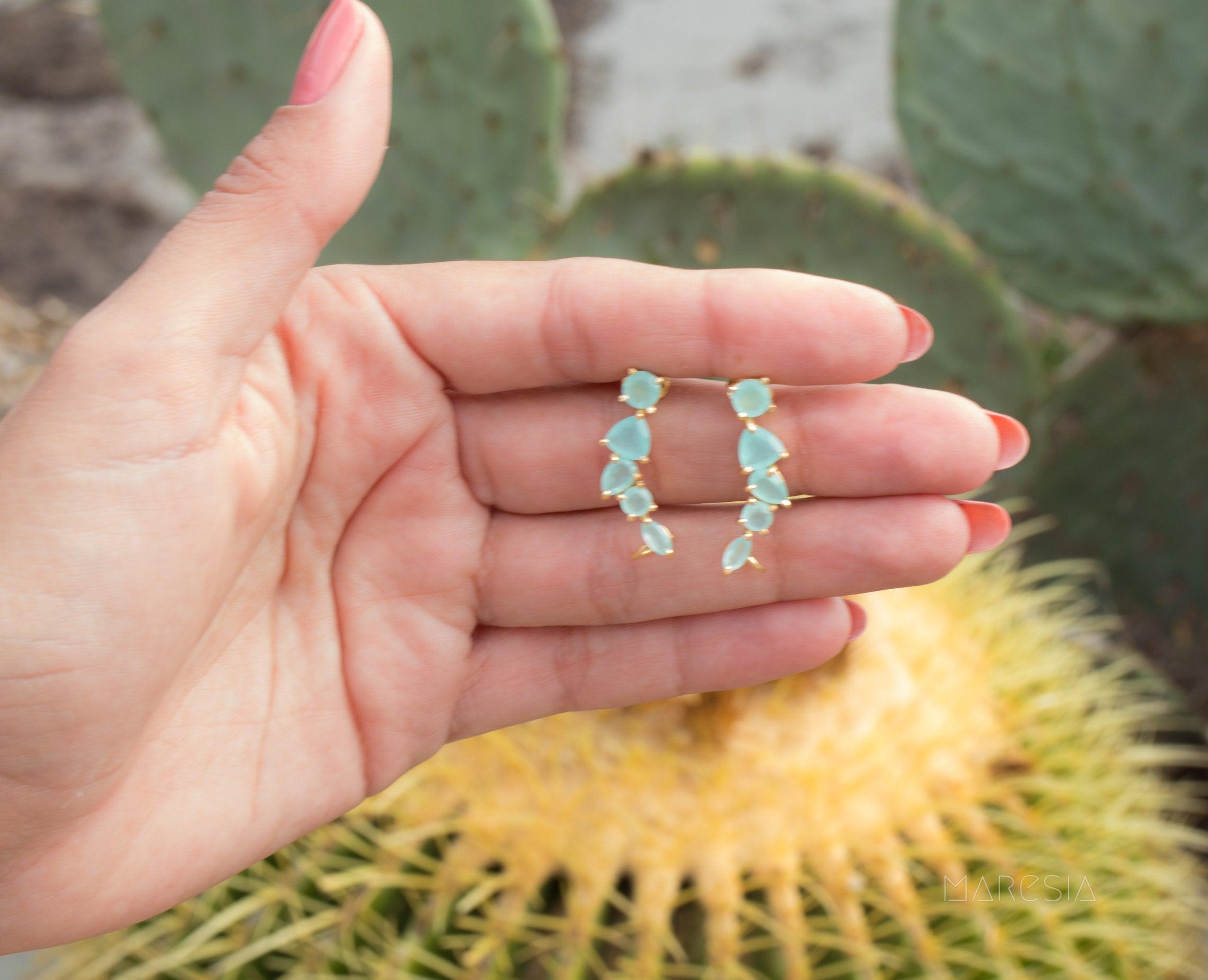 Aqua Chalcedony Ear Climber Earrings ~ 18k Gold Plated ~ ME143 - Maresia Jewelry
