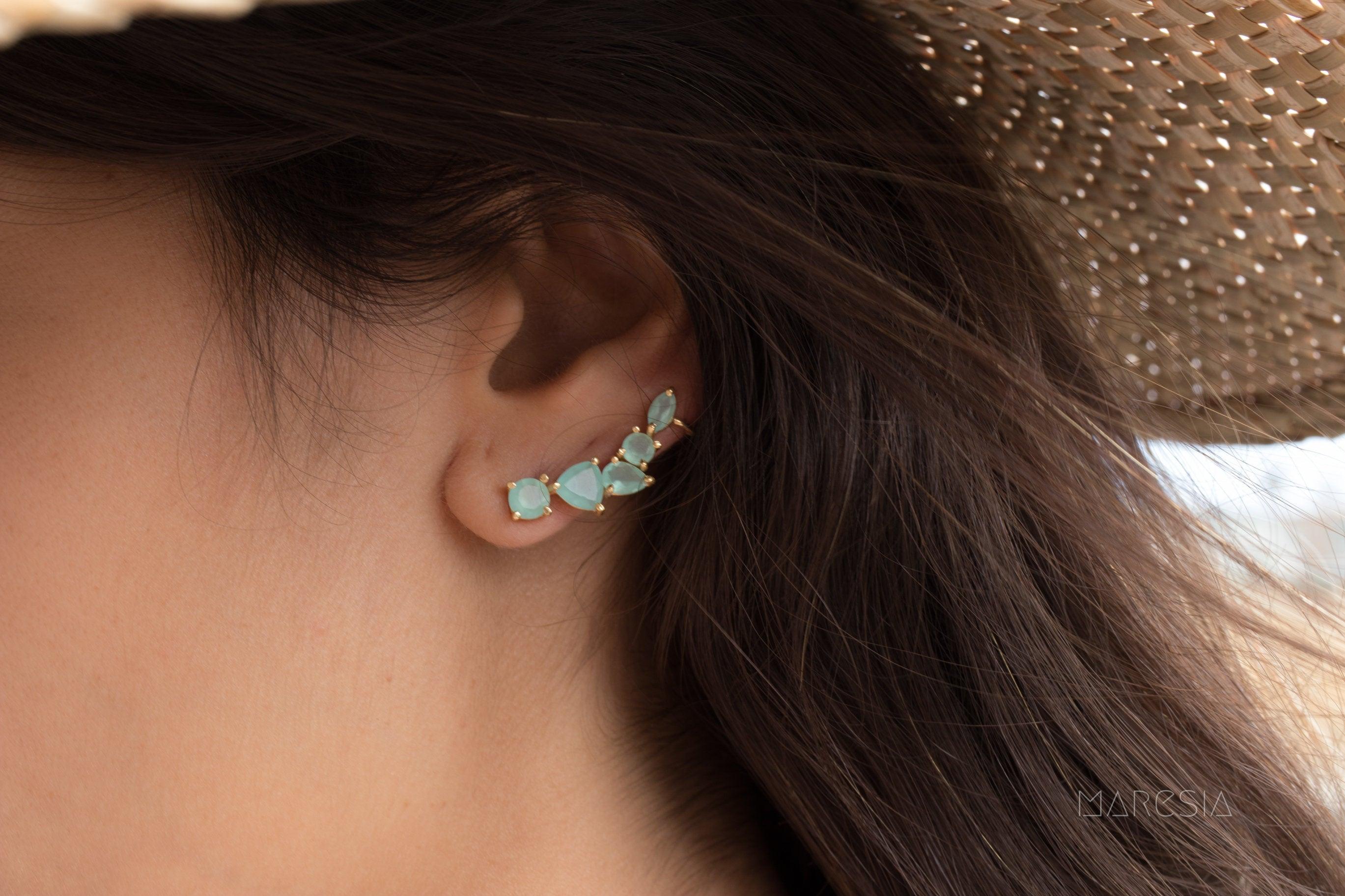 Aqua Chalcedony Ear Climber Earrings ~ 18k Gold Plated ~ ME143 - Maresia Jewelry