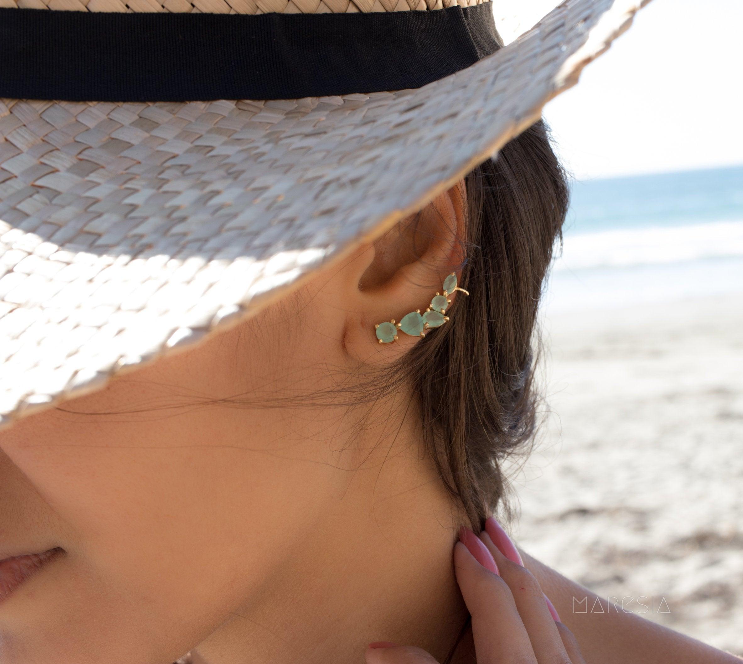 Aqua Chalcedony Ear Climber Earrings ~ 18k Gold Plated ~ ME143 - Maresia Jewelry