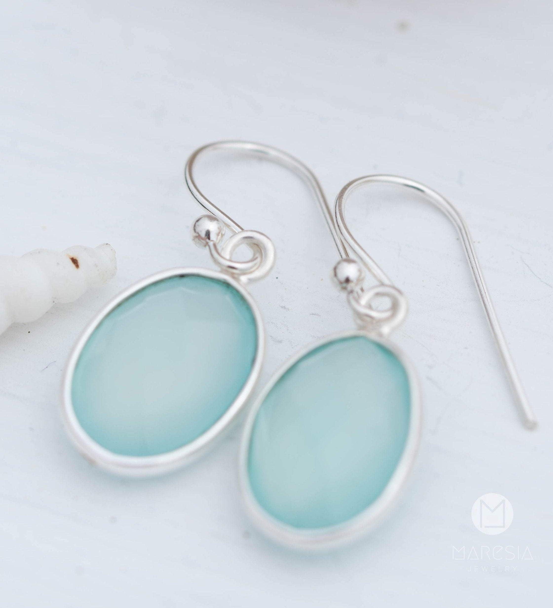 Aqua Chalcedony Earrings~ Sterling Silver 925 ~Dangle Earrings ~Silver Earrings ~Teal Chalcedony ~ Oval Drop ~ Gemstone ~Natural Stone ME157