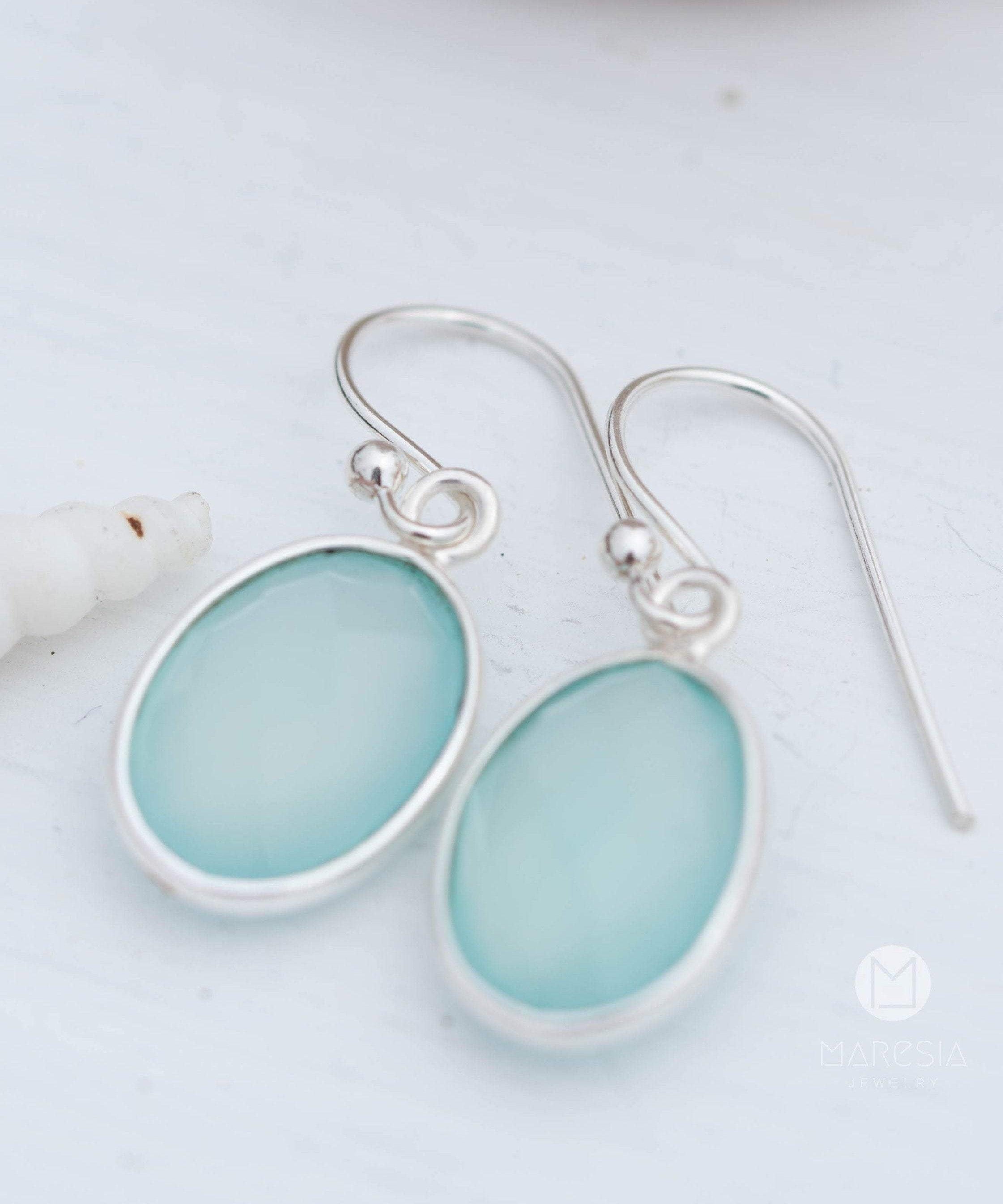 Aqua Chalcedony Earrings~ Sterling Silver 925 ~Dangle Earrings ~Silver Earrings ~Teal Chalcedony ~ Oval Drop ~ Gemstone ~Natural Stone ME157