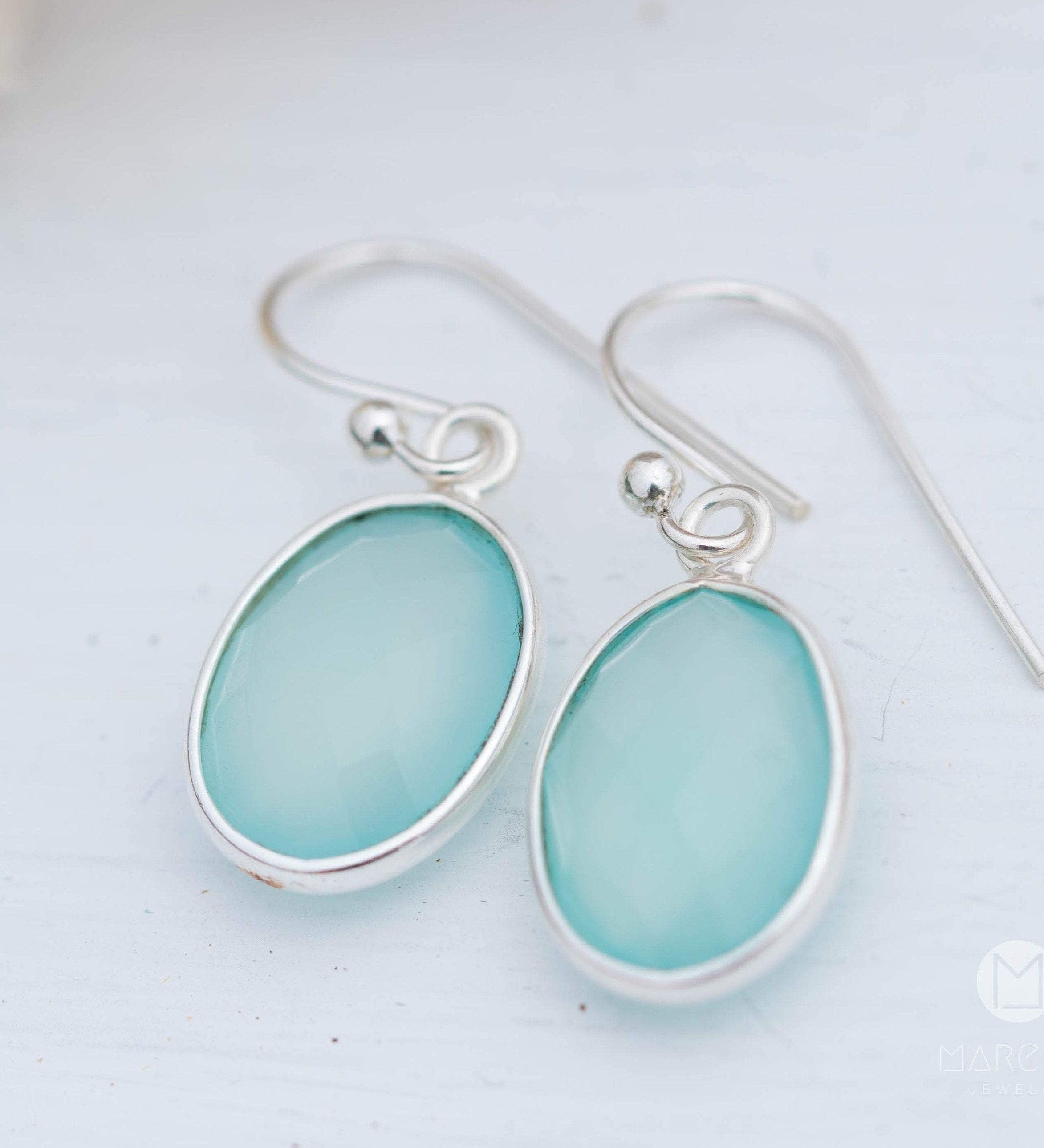 Aqua Chalcedony Earrings~ Sterling Silver 925 ~Dangle Earrings ~Silver Earrings ~Teal Chalcedony ~ Oval Drop ~ Gemstone ~Natural Stone ME157
