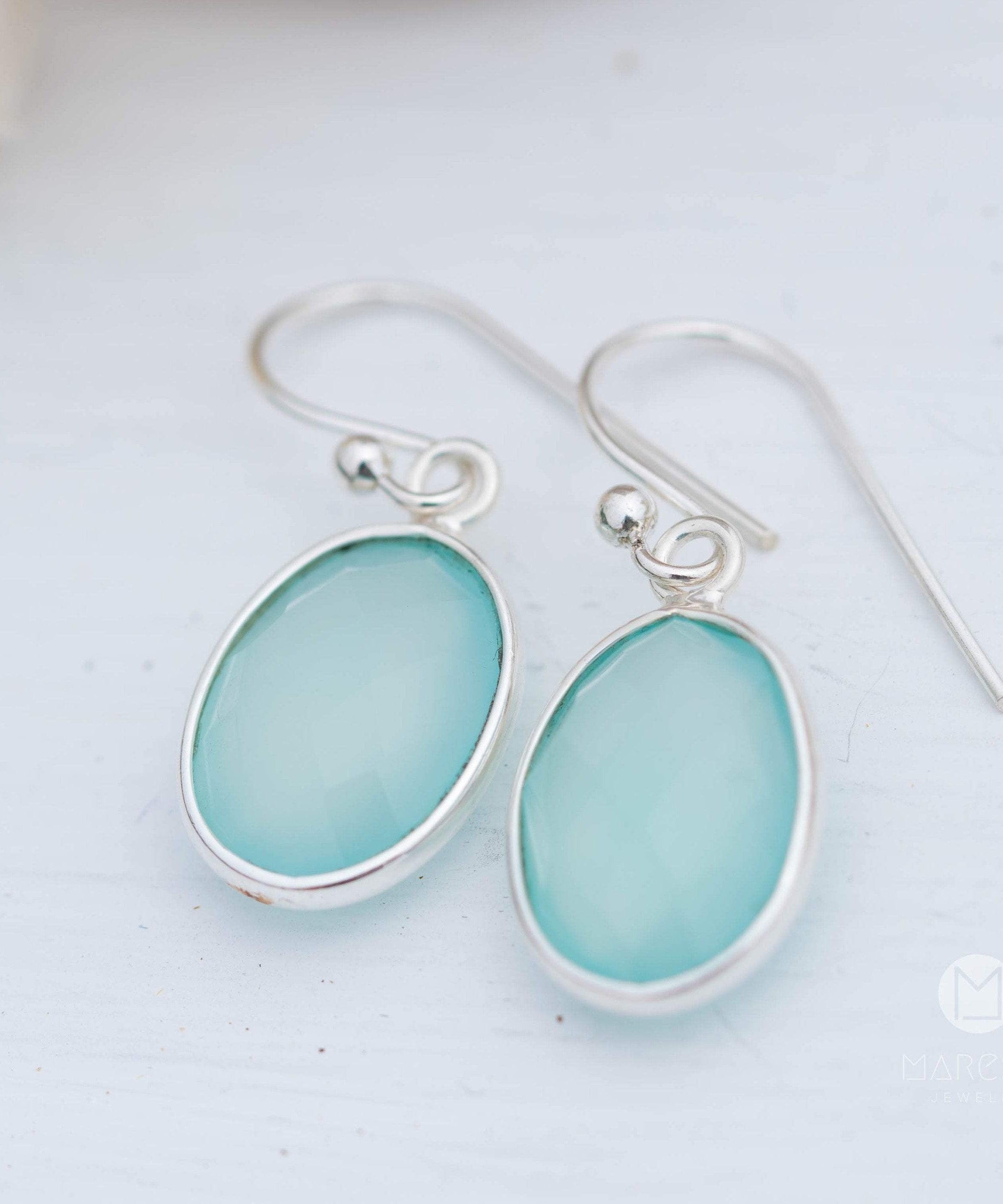 Aqua Chalcedony Earrings~ Sterling Silver 925 ~Dangle Earrings ~Silver Earrings ~Teal Chalcedony ~ Oval Drop ~ Gemstone ~Natural Stone ME157