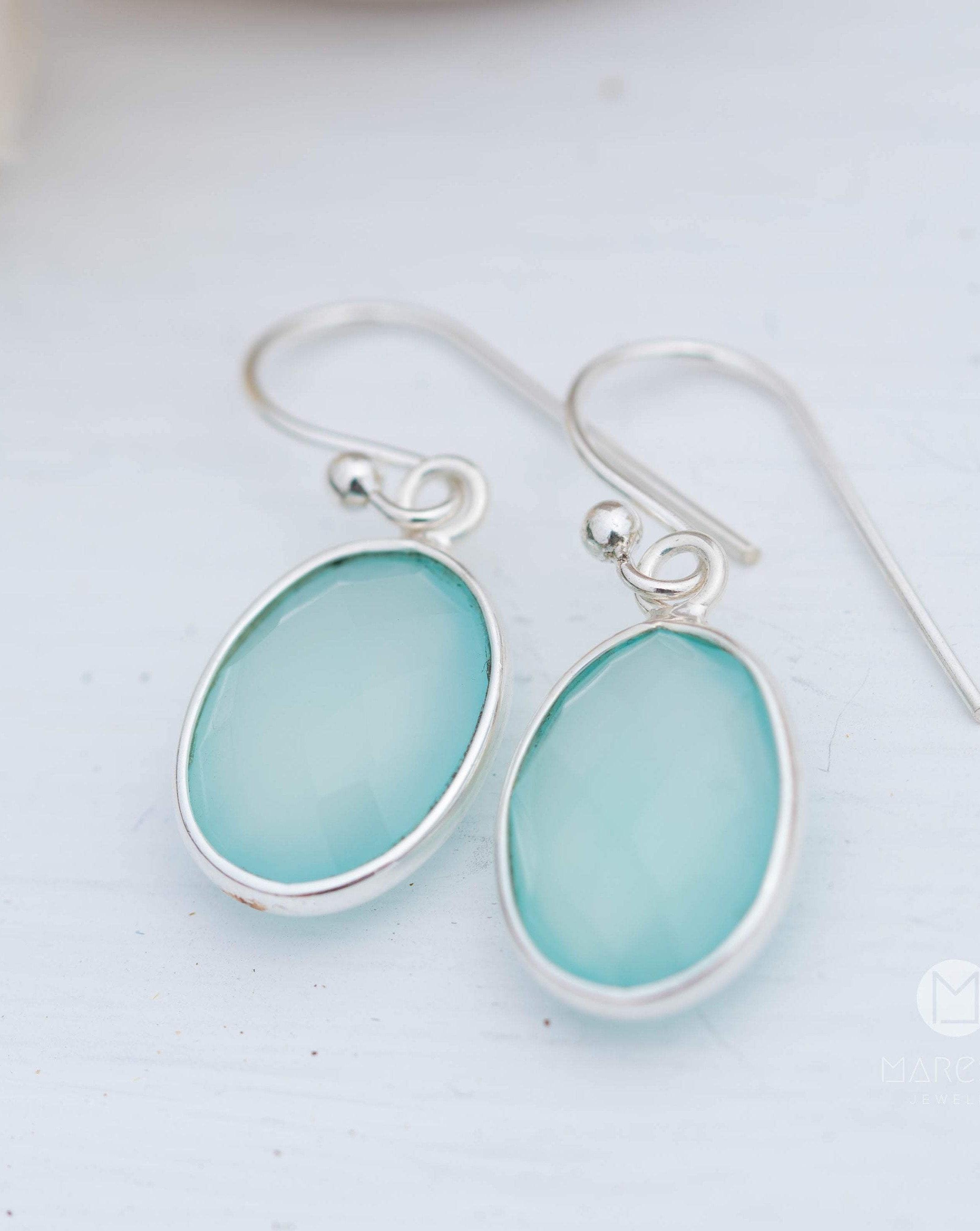 Aqua Chalcedony Earrings~ Sterling Silver 925 ~Dangle Earrings ~Silver Earrings ~Teal Chalcedony ~ Oval Drop ~ Gemstone ~Natural Stone ME157