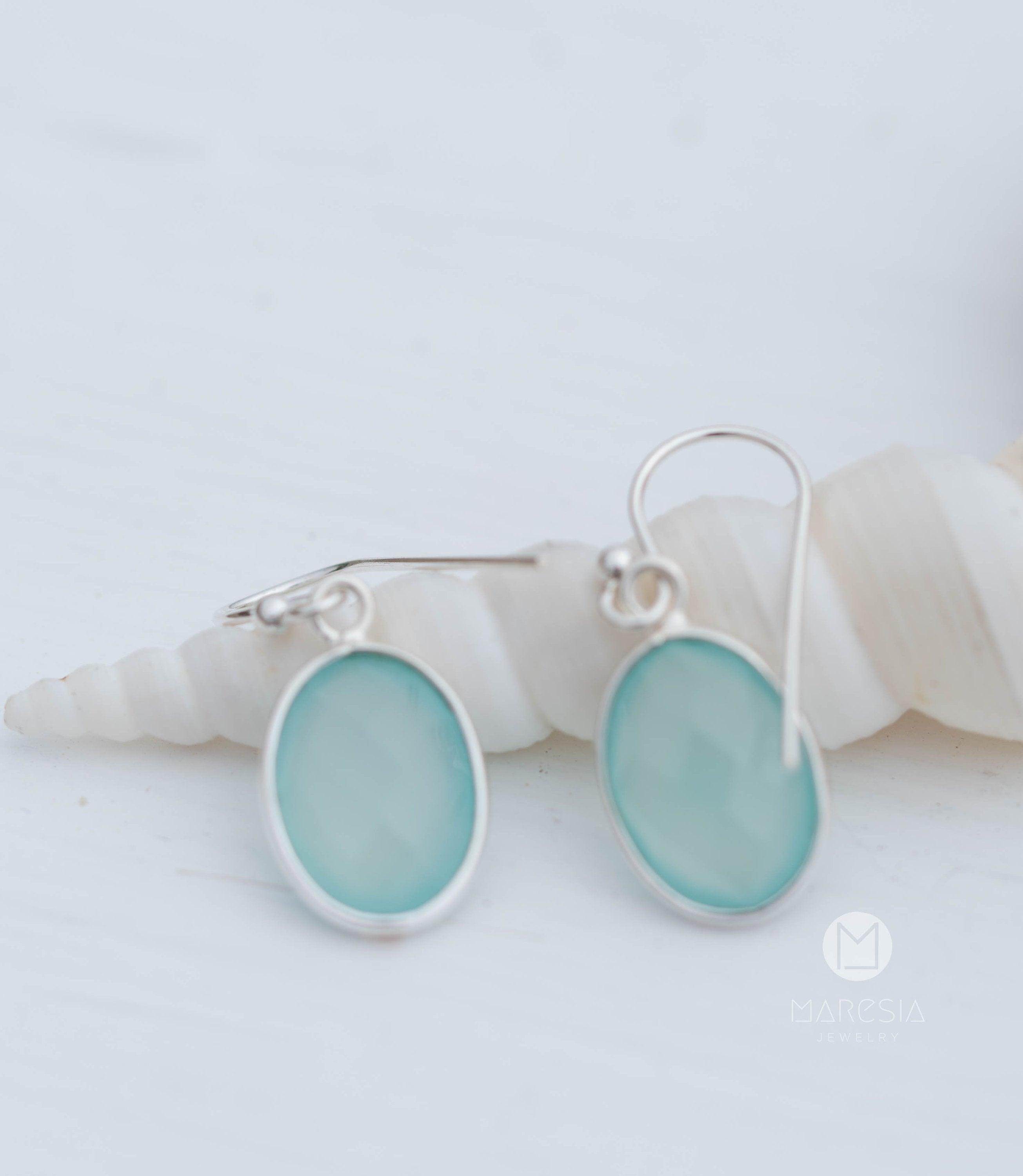 Aqua Chalcedony Earrings~ Sterling Silver 925 ~Dangle Earrings ~Silver Earrings ~Teal Chalcedony ~ Oval Drop ~ Gemstone ~Natural Stone ME157
