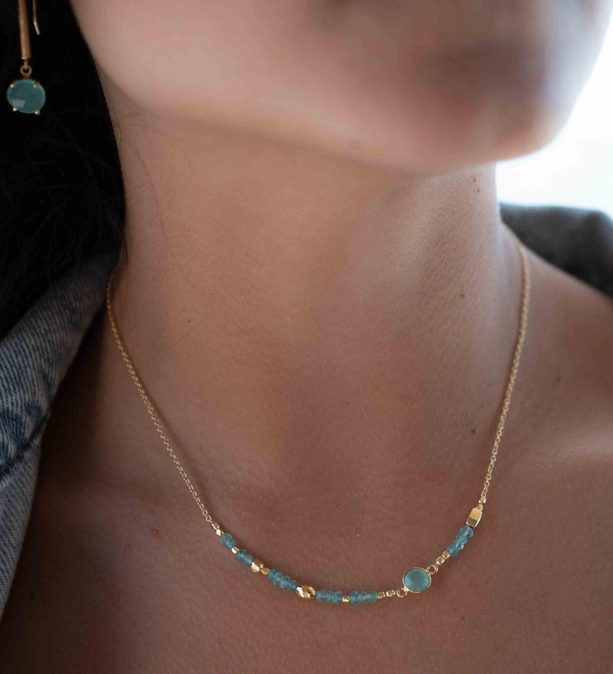Aqua chalcedony Necklace ~ Gold Plated 18k ~Choker ~ Jewelry ~ Gift For Her ~ Minimalist~ Handmade~ Thin Chain~ Delicate ~Layered ~ MN108