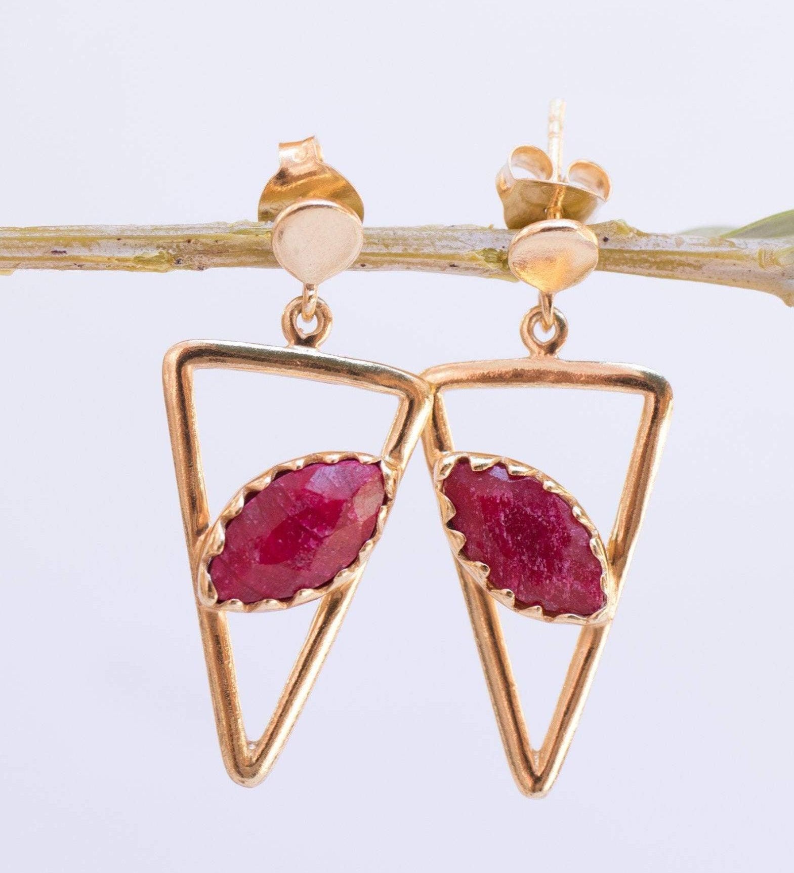 Aqua Chalcedony, Ruby, Blue Chalcedony, Rose quartz Triangle Earrings ~ Gold Vermeil (Gold Plated over Sterling Silver) ~ME061 - Maresia Jewelry