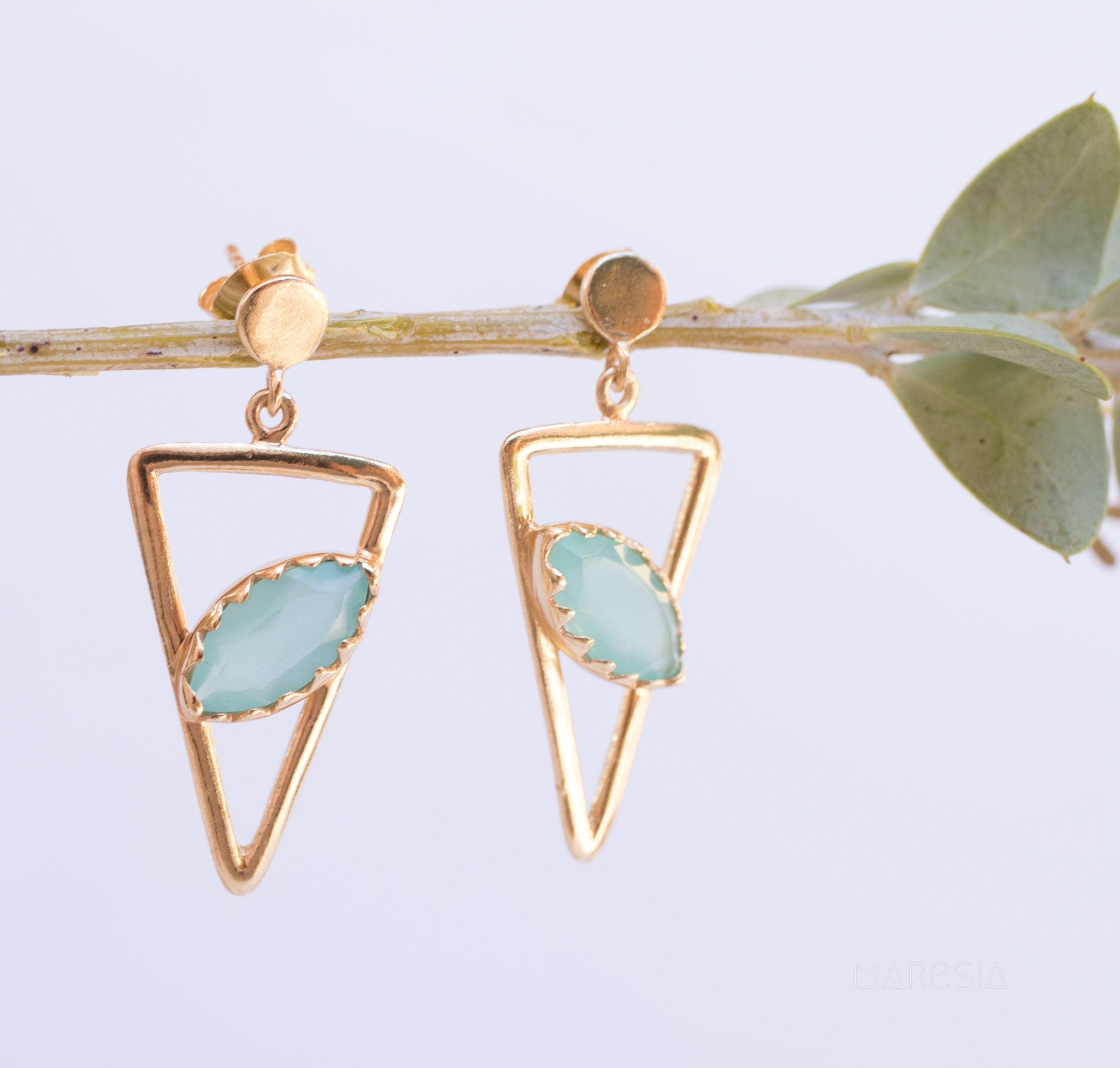 Aqua Chalcedony, Ruby, Blue Chalcedony, Rose quartz Triangle Earrings ~ Gold Vermeil (Gold Plated over Sterling Silver) ~ME061 - Maresia Jewelry