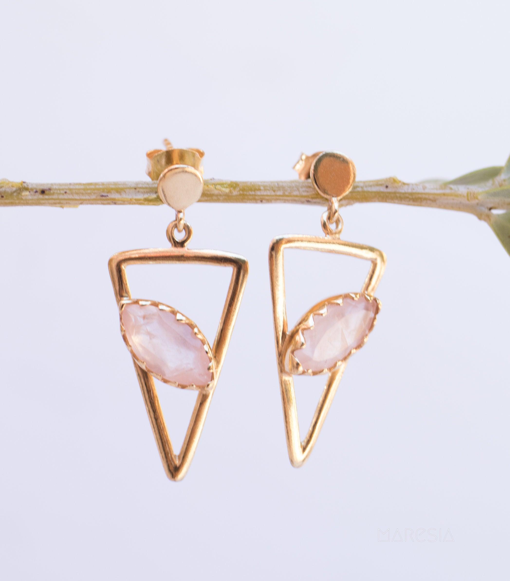 Aqua Chalcedony, Ruby, Blue Chalcedony, Rose quartz Triangle Earrings ~ Gold Vermeil (Gold Plated over Sterling Silver) ~ME061 - Maresia Jewelry