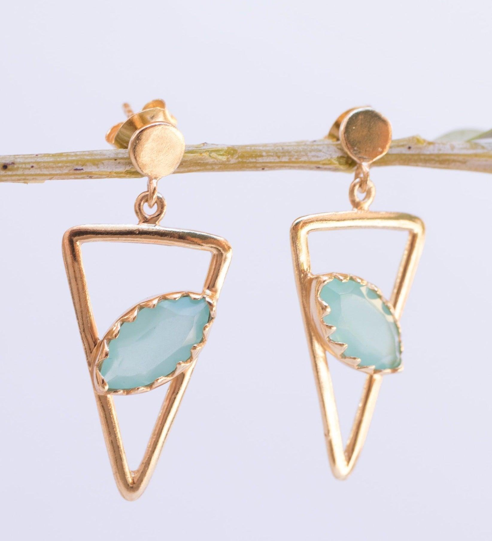 Aqua Chalcedony, Ruby, Blue Chalcedony, Rose quartz Triangle Gold Vermeil Earrings ~ - Maresia Jewelry