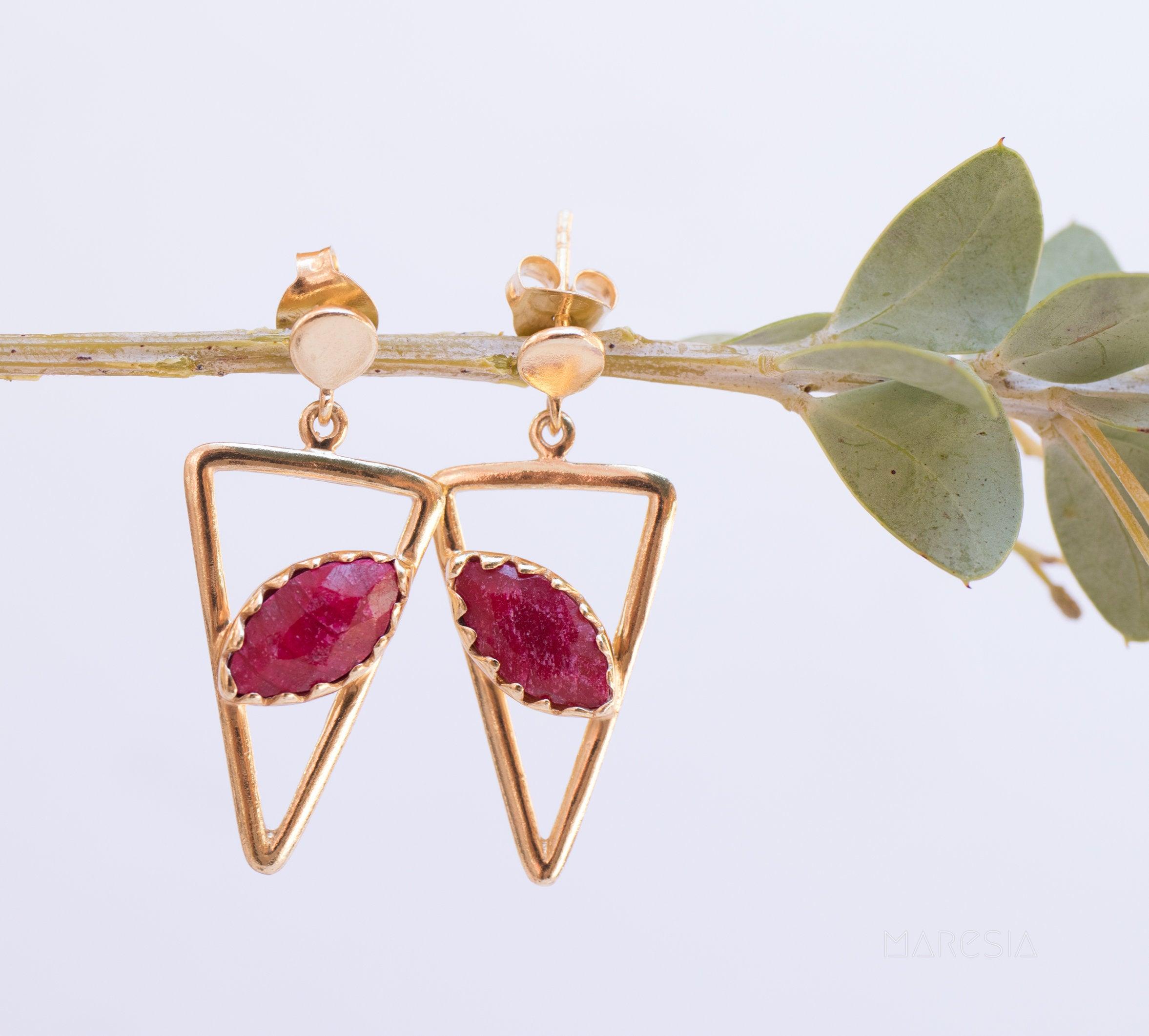 Aqua Chalcedony, Ruby, Blue Chalcedony, Rose quartz Triangle Gold Vermeil Earrings ~ - Maresia Jewelry