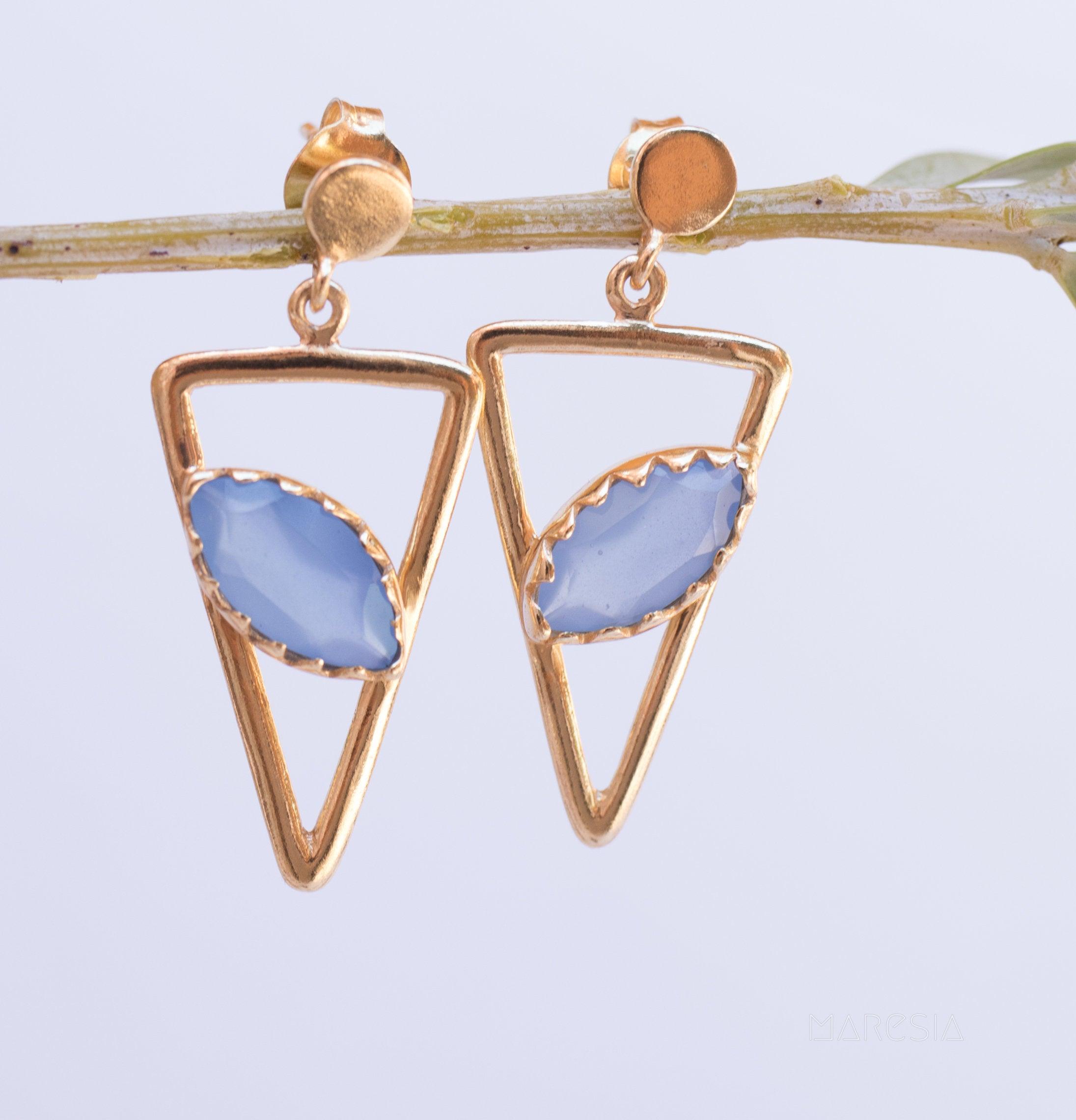 Aqua Chalcedony, Ruby, Blue Chalcedony, Rose quartz Triangle Gold Vermeil Earrings ~ - Maresia Jewelry