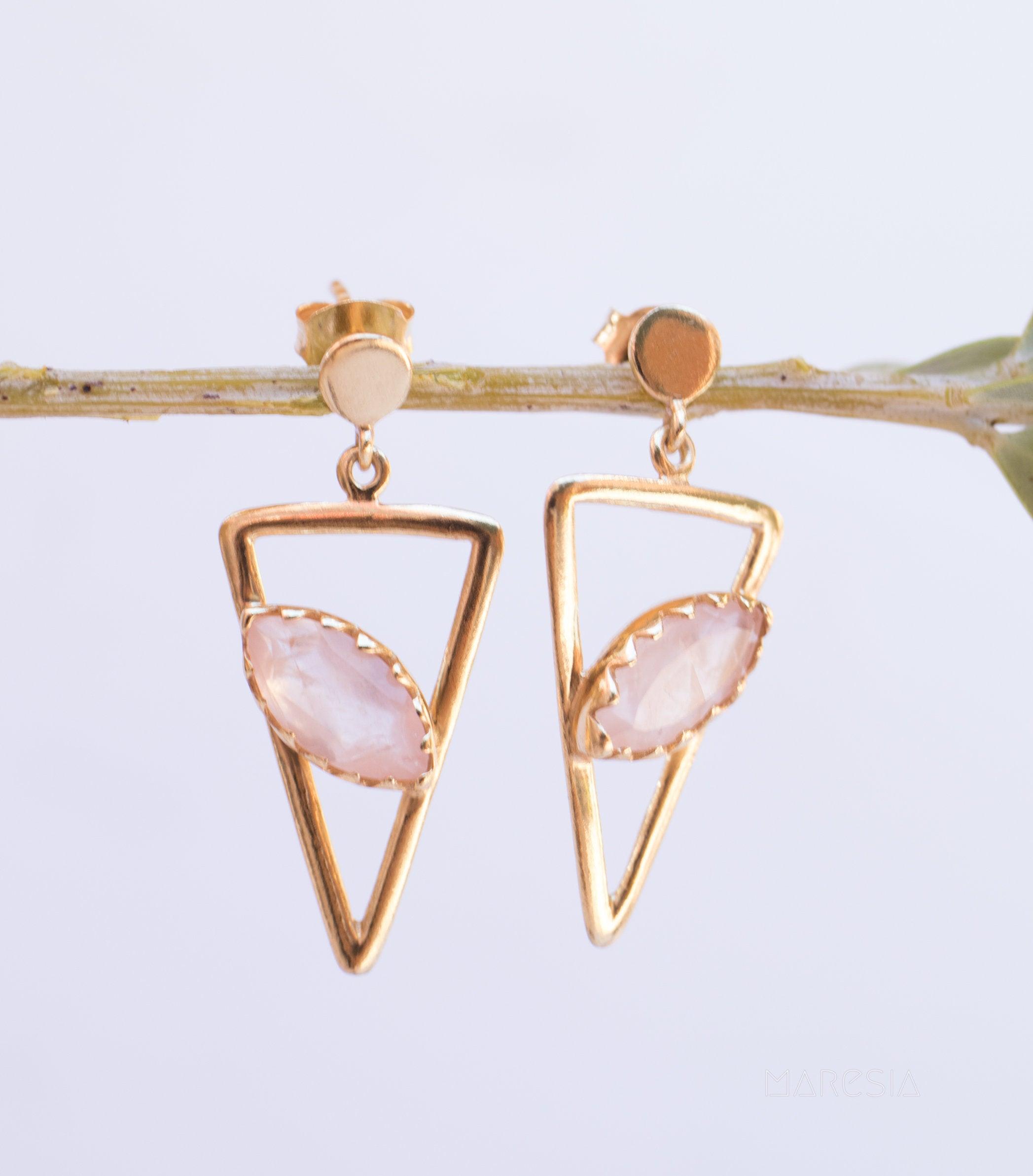 Aqua Chalcedony, Ruby, Blue Chalcedony, Rose quartz Triangle Gold Vermeil Earrings ~ - Maresia Jewelry