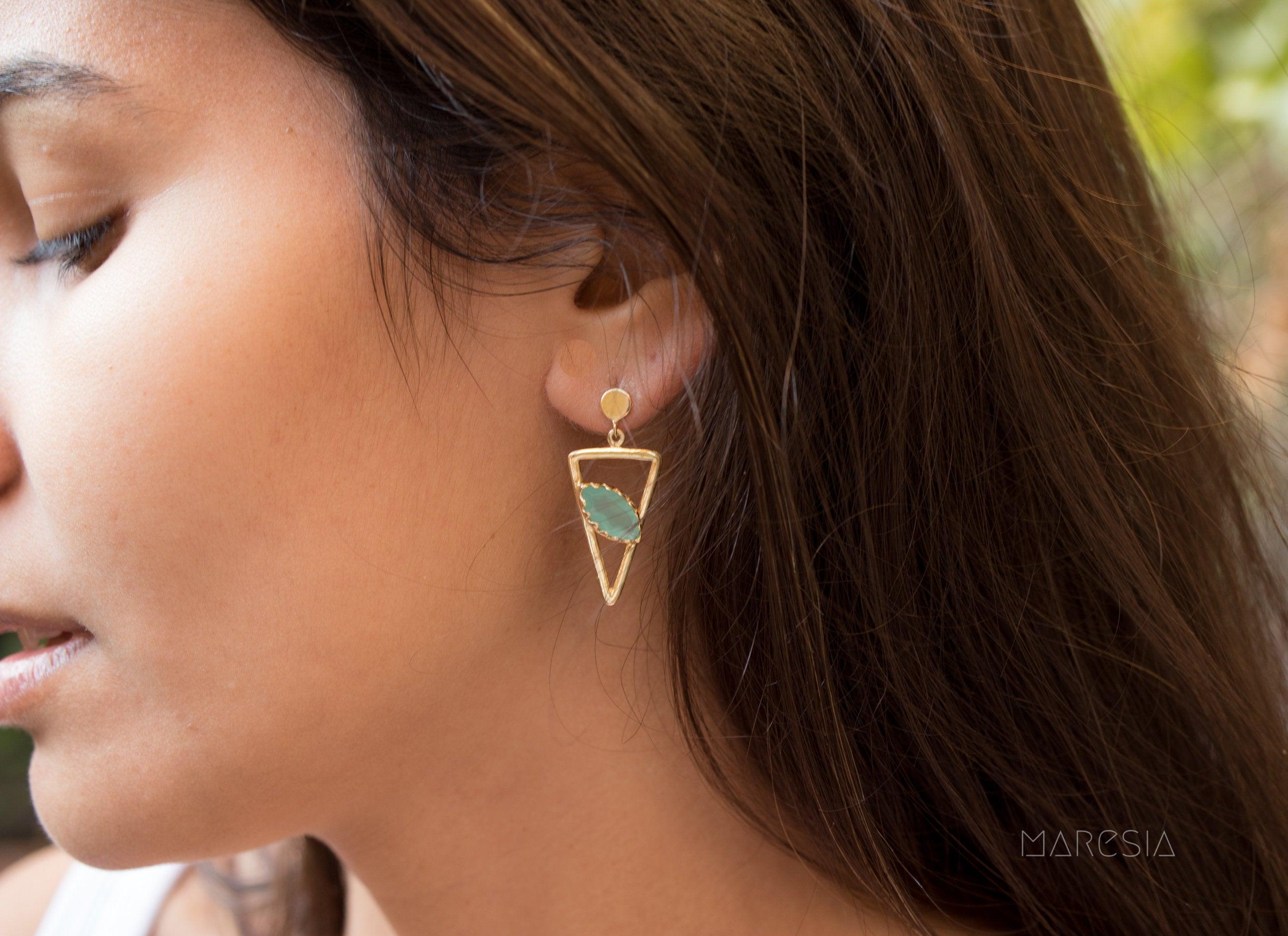 Aqua Chalcedony, Ruby, Blue Chalcedony, Rose quartz Triangle Gold Vermeil Earrings ~ - Maresia Jewelry