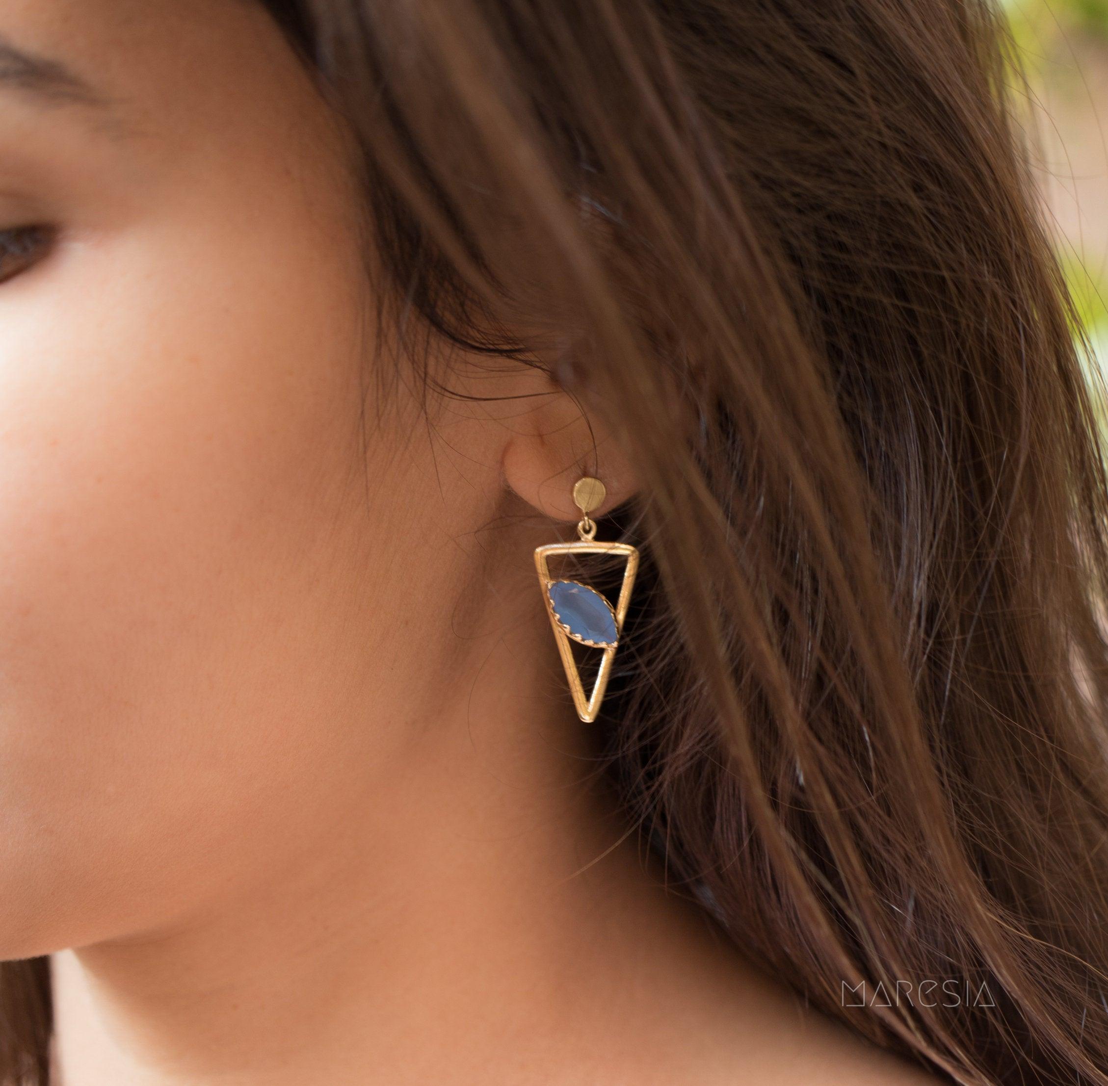 Aqua Chalcedony, Ruby, Blue Chalcedony, Rose quartz Triangle Gold Vermeil Earrings ~ - Maresia Jewelry