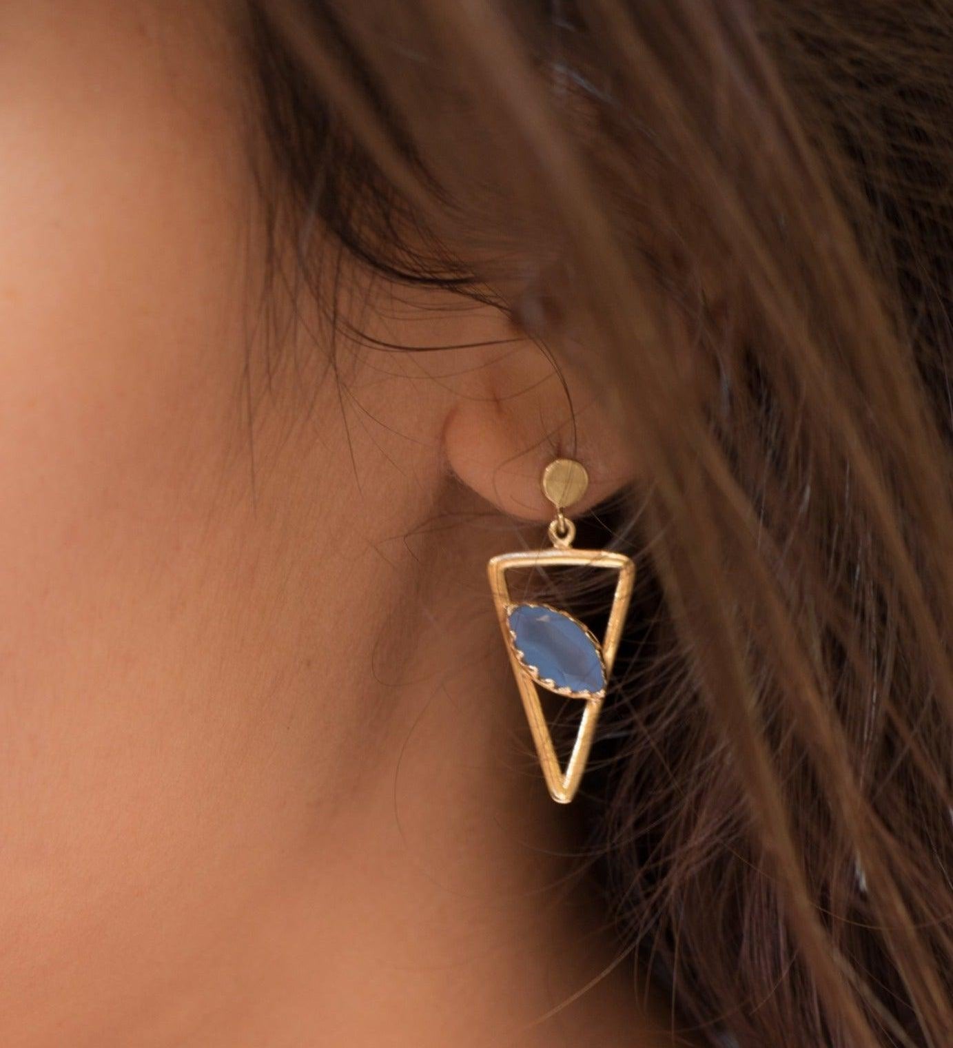 Aqua Chalcedony, Ruby, Blue Chalcedony, Rose quartz Triangle Gold Vermeil Earrings ~ ME061 - Maresia Jewelry