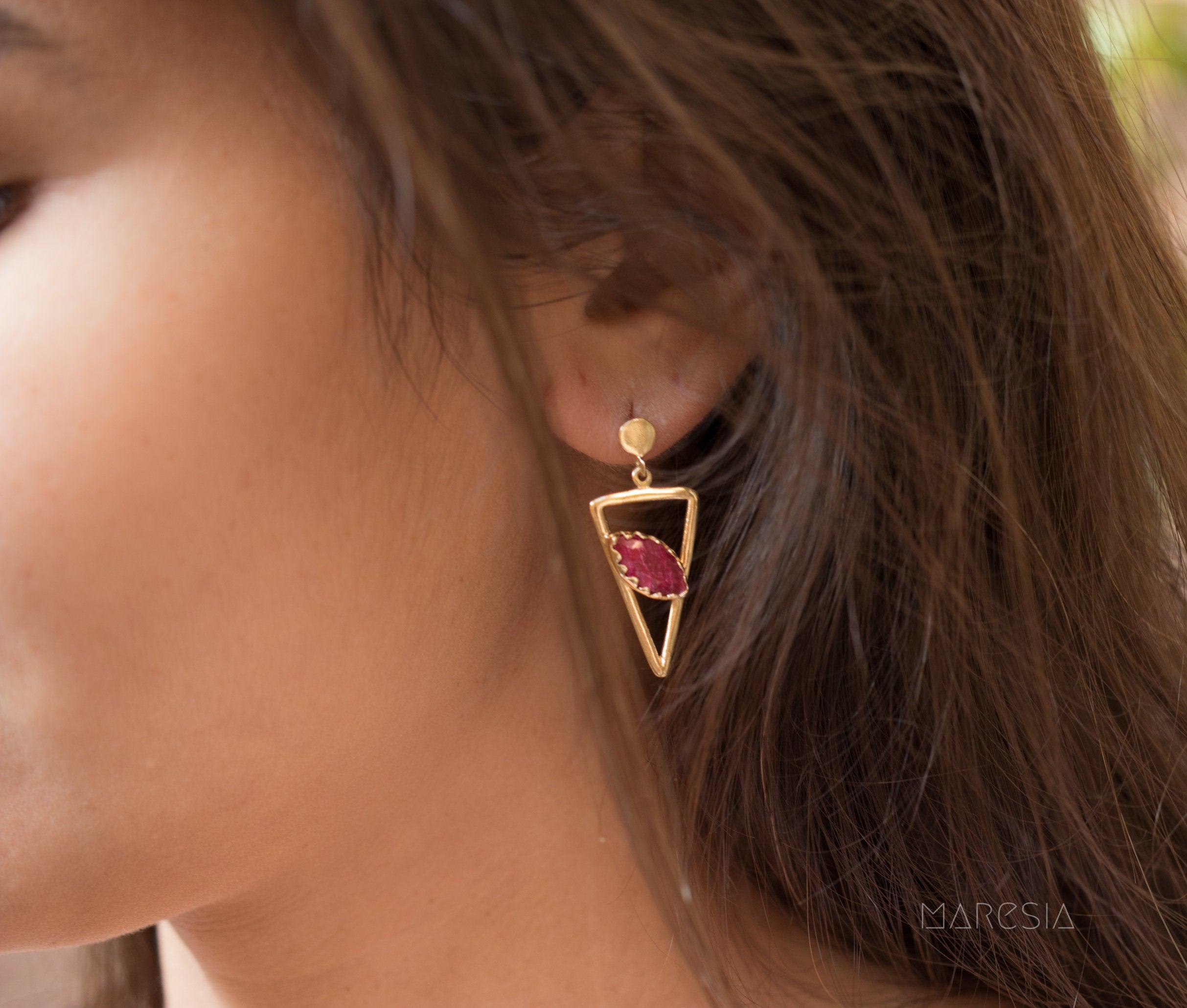Aqua Chalcedony, Ruby, Blue Chalcedony, Rose quartz Triangle Gold Vermeil Earrings ~ ME061 - Maresia Jewelry