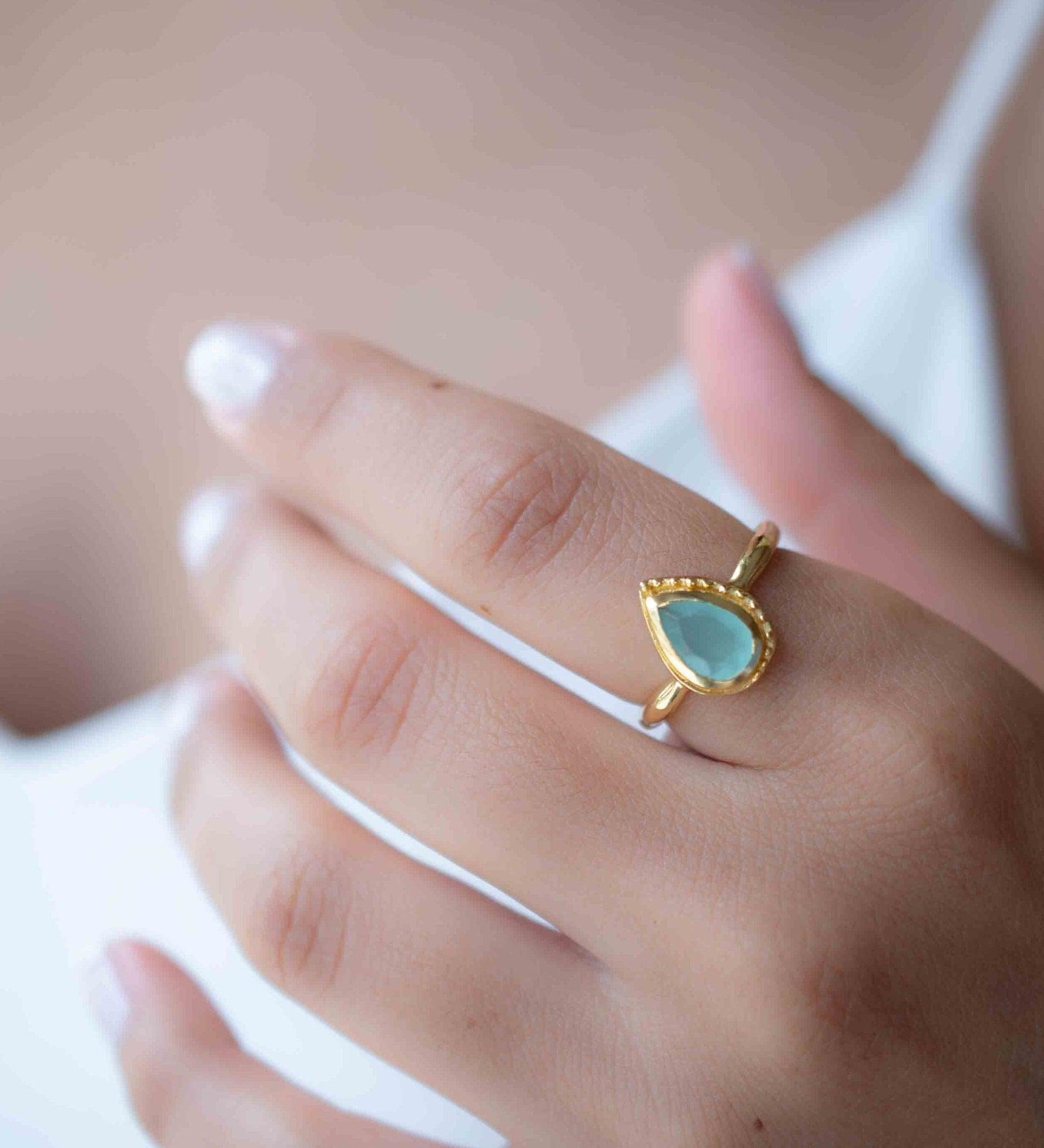 Aqua Chalcedony Gold Ring ~ Tear Drop Ring Delicate ~ 18k Gold Plated~Handmade~Gemstone~Statement~Everyday~Bohemian~ May Birthstone MR314