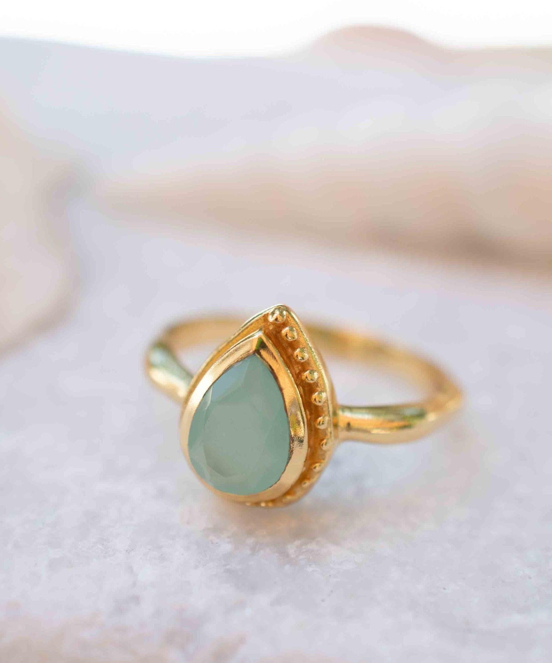 Aqua Chalcedony Gold Ring ~ Tear Drop Ring Delicate ~ 18k Gold Plated~Handmade~Gemstone~Statement~Everyday~Bohemian~ May Birthstone MR314