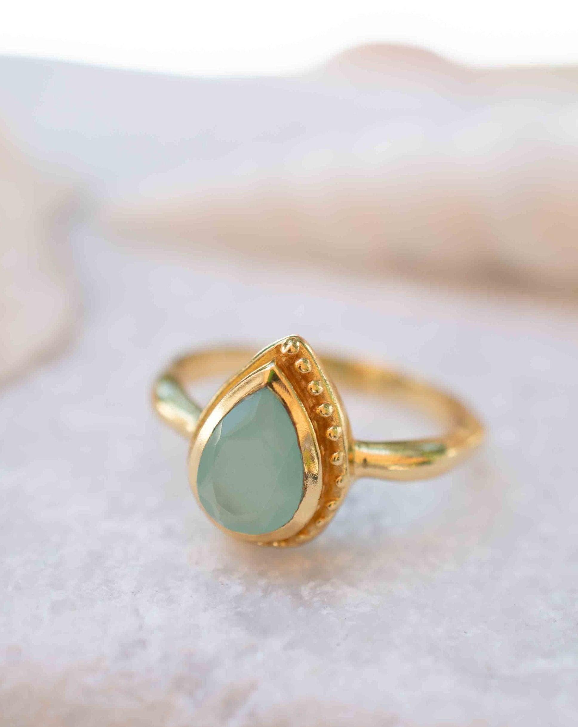 Aqua Chalcedony Gold Ring ~ Tear Drop Ring Delicate ~ 18k Gold Plated~Handmade~Gemstone~Statement~Everyday~Bohemian~ May Birthstone MR314