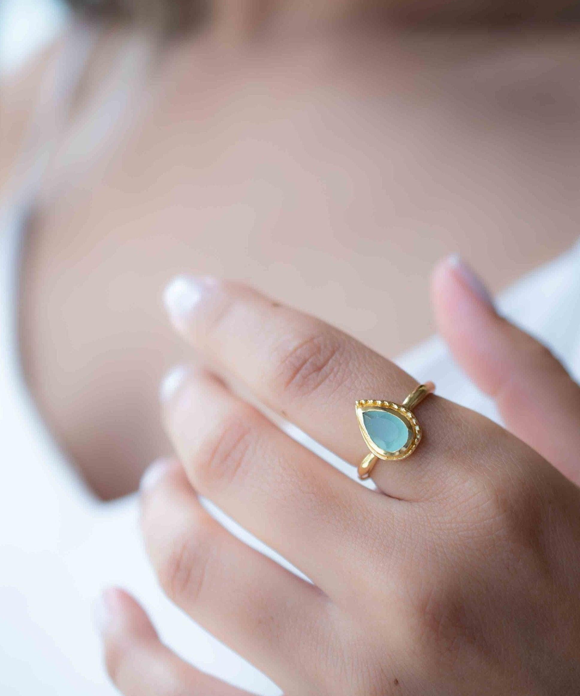 Aqua Chalcedony Gold Ring ~ Tear Drop Ring Delicate ~ 18k Gold Plated~Handmade~Gemstone~Statement~Everyday~Bohemian~ May Birthstone MR314