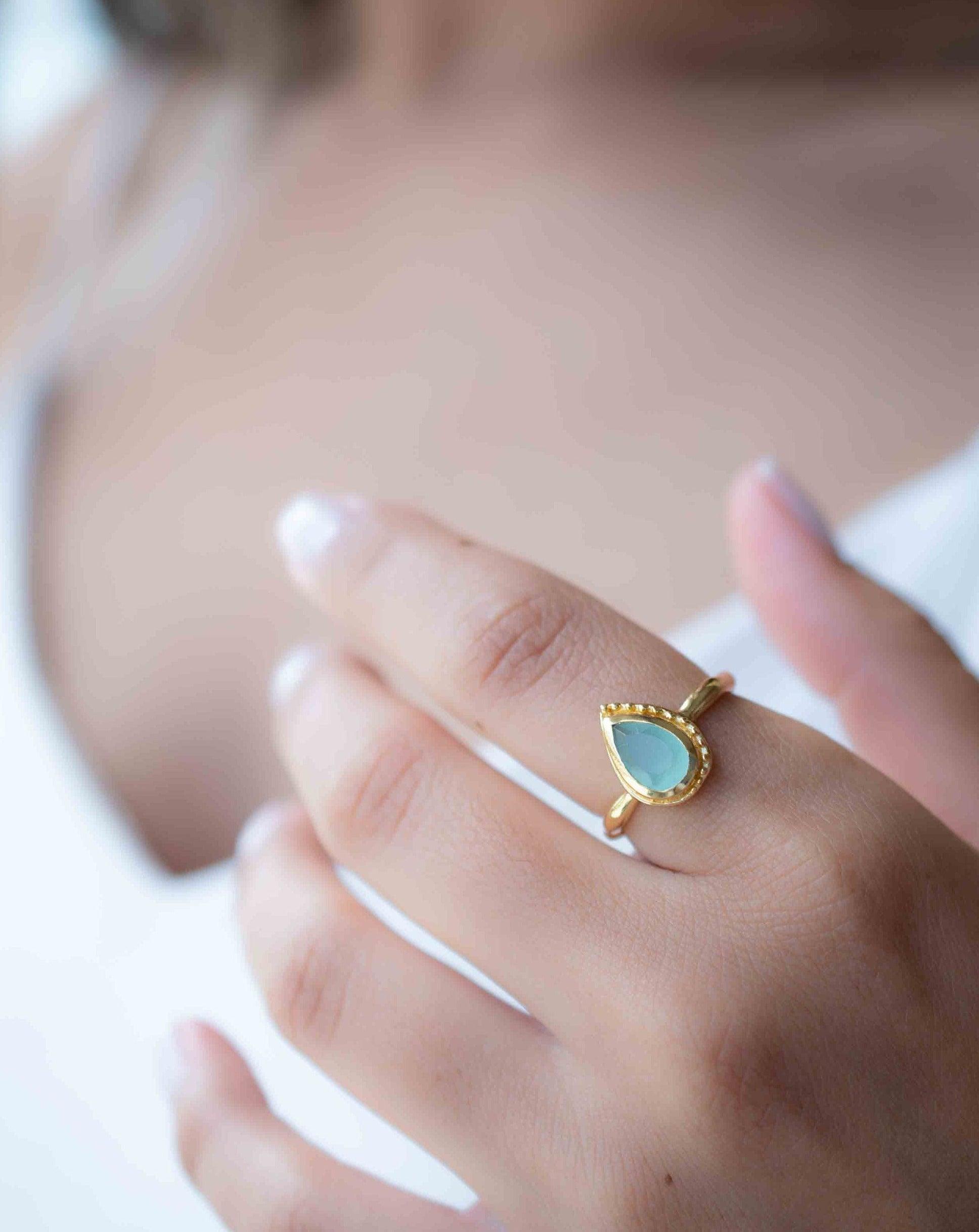 Aqua Chalcedony Gold Ring ~ Tear Drop Ring Delicate ~ 18k Gold Plated~Handmade~Gemstone~Statement~Everyday~Bohemian~ May Birthstone MR314