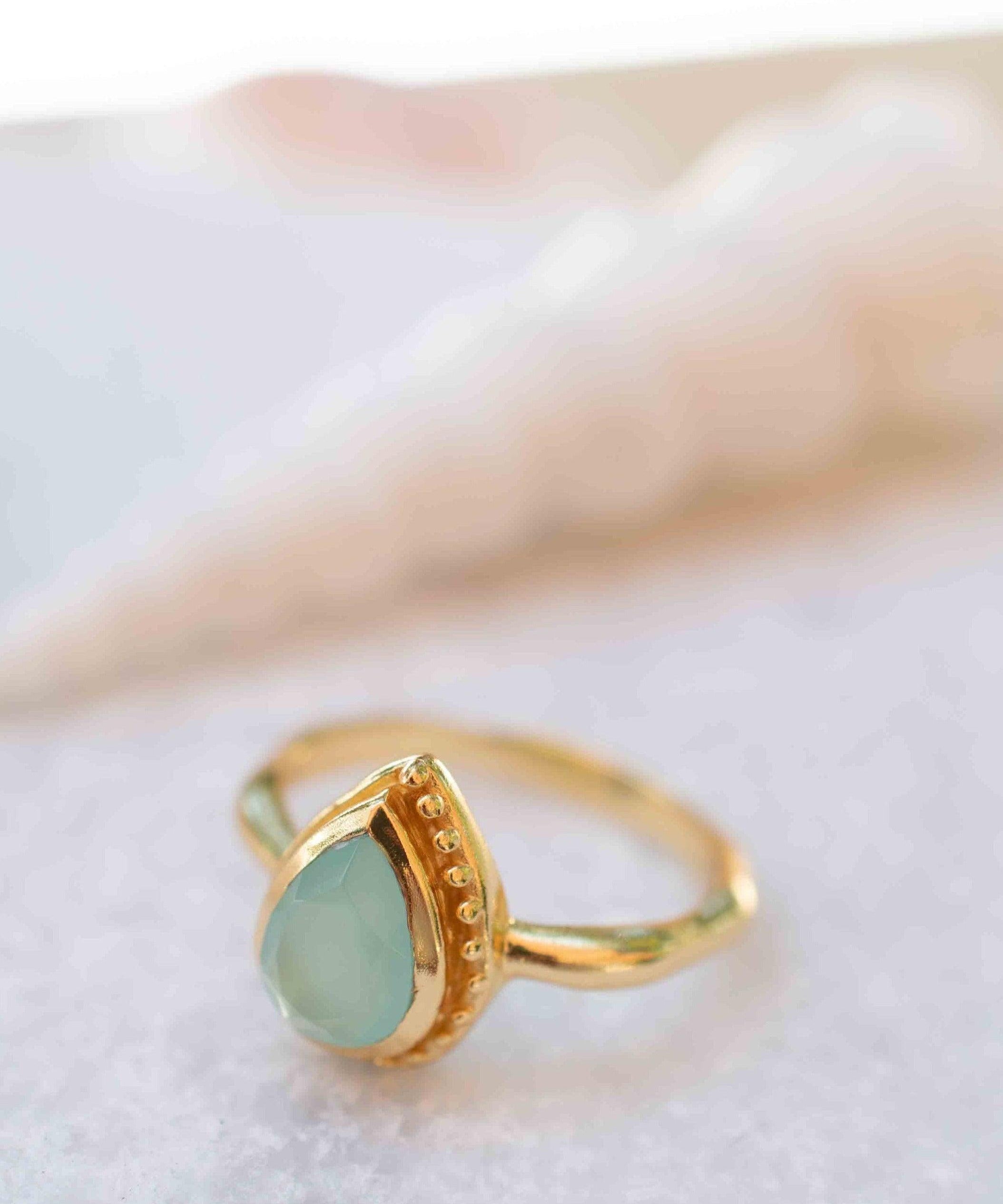 Aqua Chalcedony Gold Ring ~ Tear Drop Ring Delicate ~ 18k Gold Plated~Handmade~Gemstone~Statement~Everyday~Bohemian~ May Birthstone MR314
