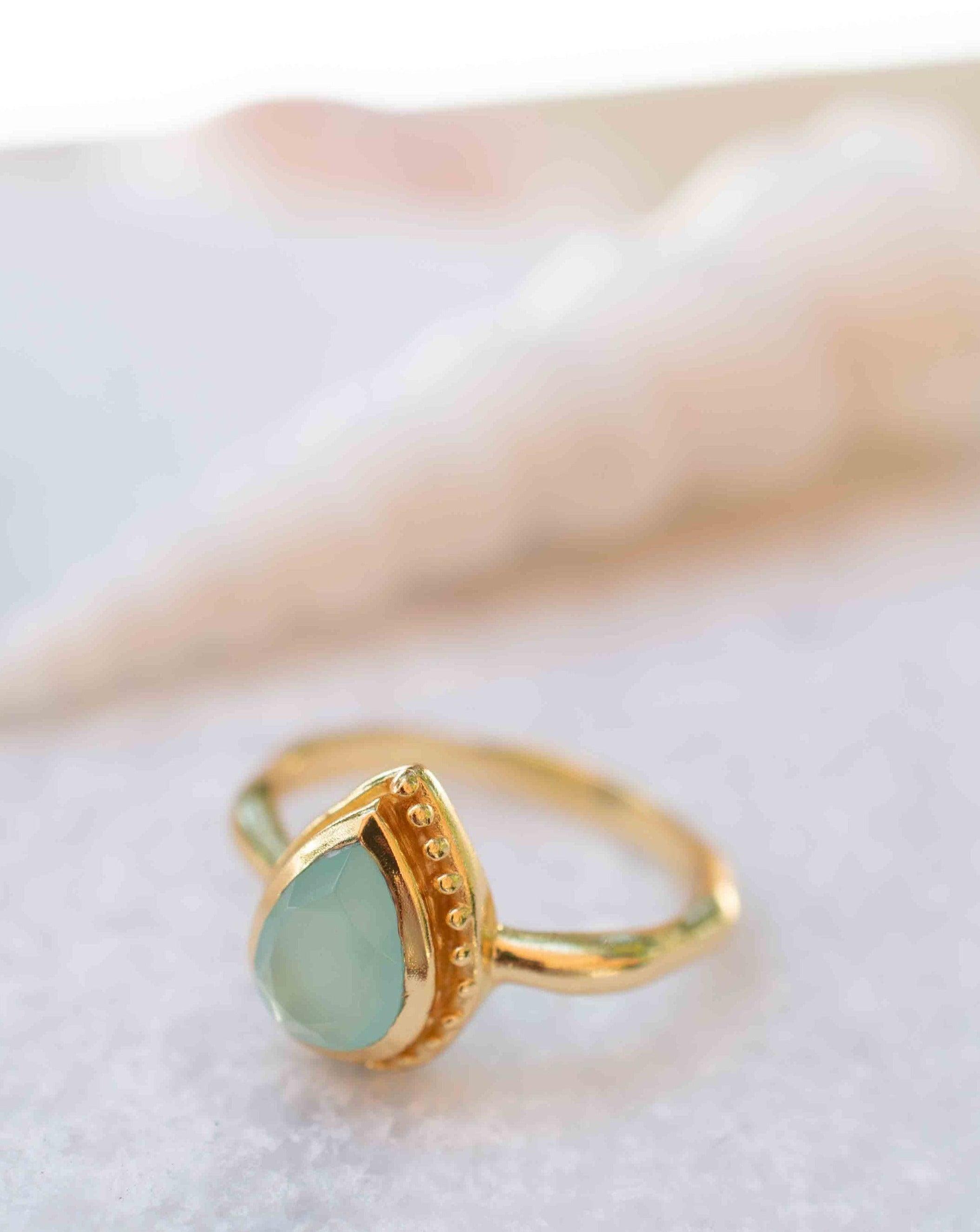 Aqua Chalcedony Gold Ring ~ Tear Drop Ring Delicate ~ 18k Gold Plated~Handmade~Gemstone~Statement~Everyday~Bohemian~ May Birthstone MR314