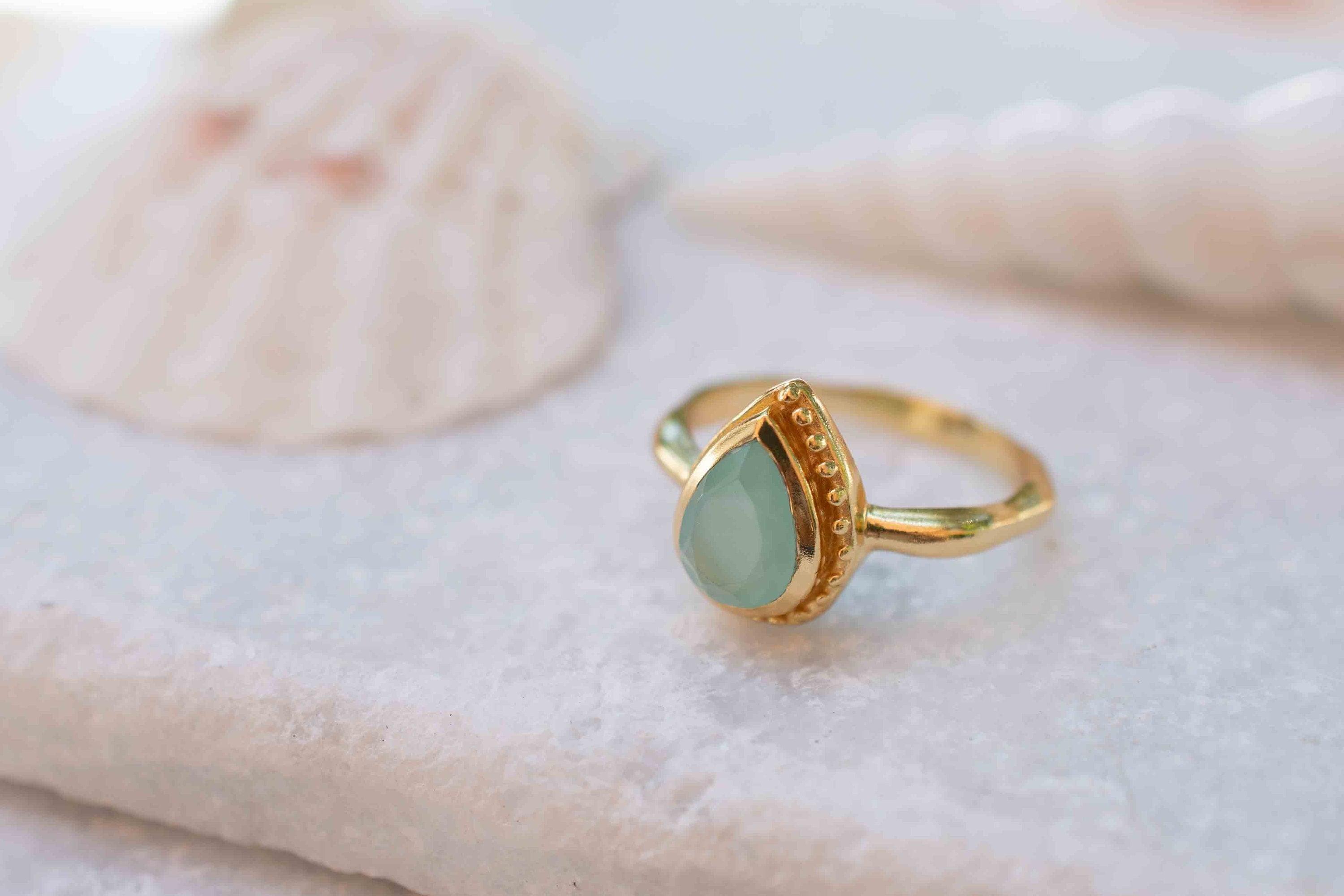 Aqua Chalcedony Gold Ring ~ Tear Drop Ring Delicate ~ 18k Gold Plated~Handmade~Gemstone~Statement~Everyday~Bohemian~ May Birthstone MR314