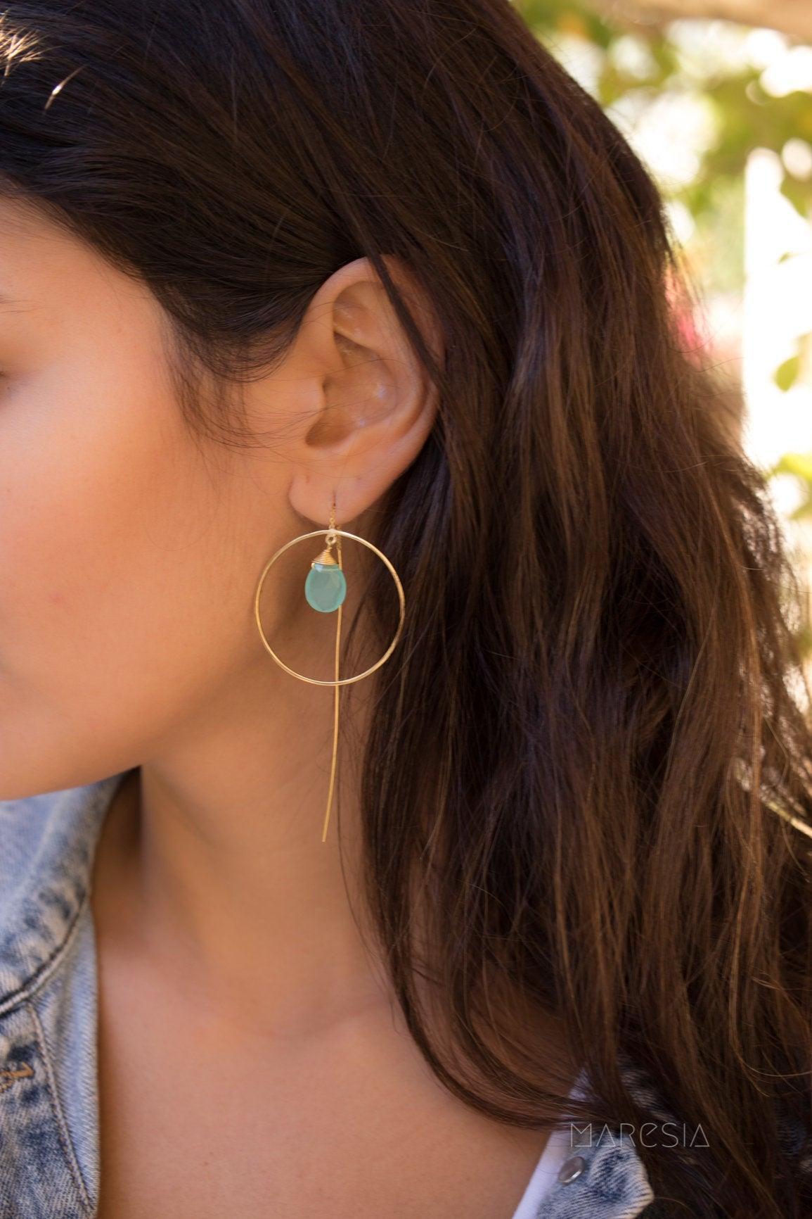 Aqua Chalcedony Threader Earrings ~ 18k Gold Plated Earrings ~ ME107 - Maresia Jewelry