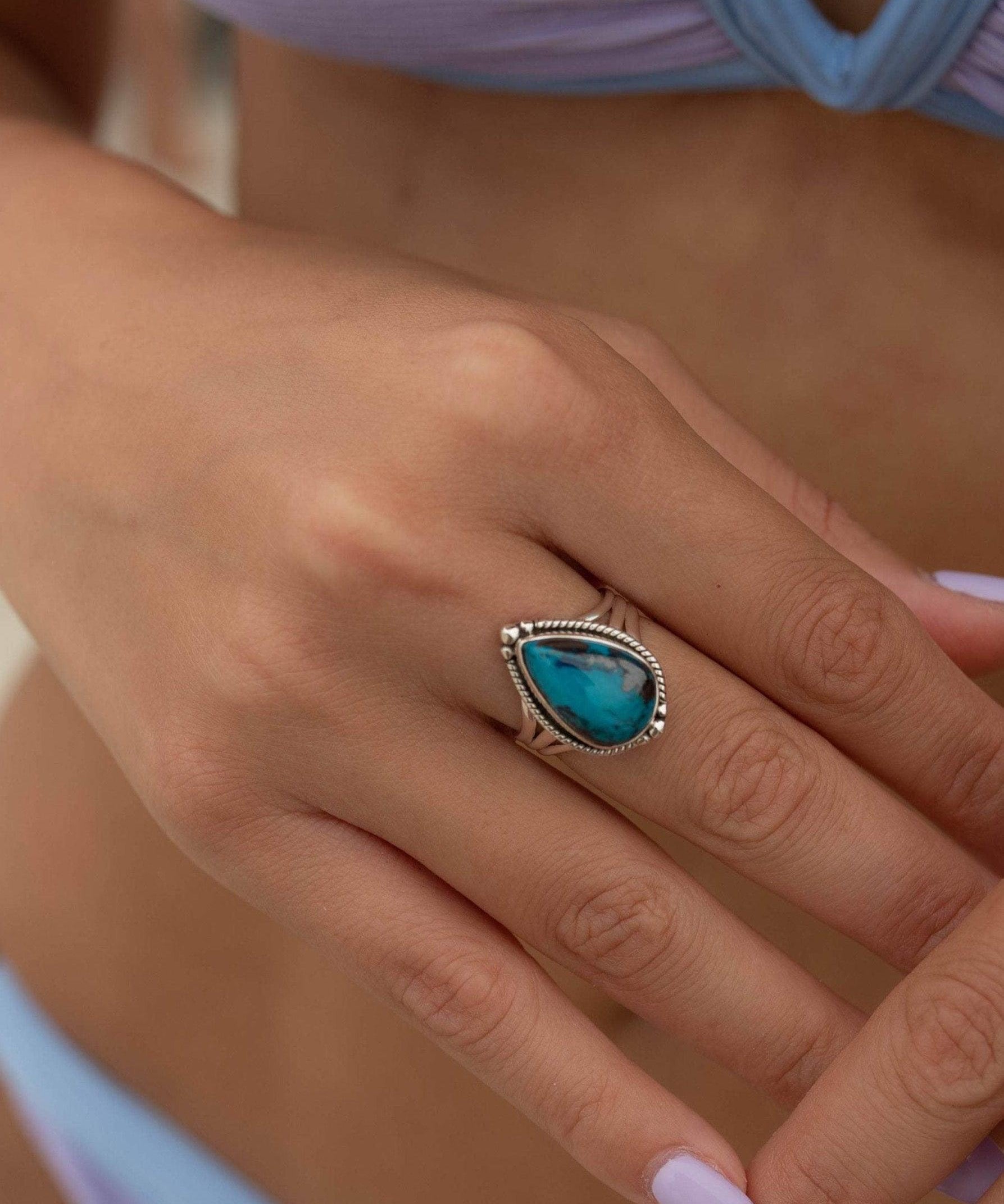 Azurite Tear Drop Ring ~ Gemstone ~ Natural ~ Sterling Silver 925~ Jewelry ~ Handmade ~ MR261