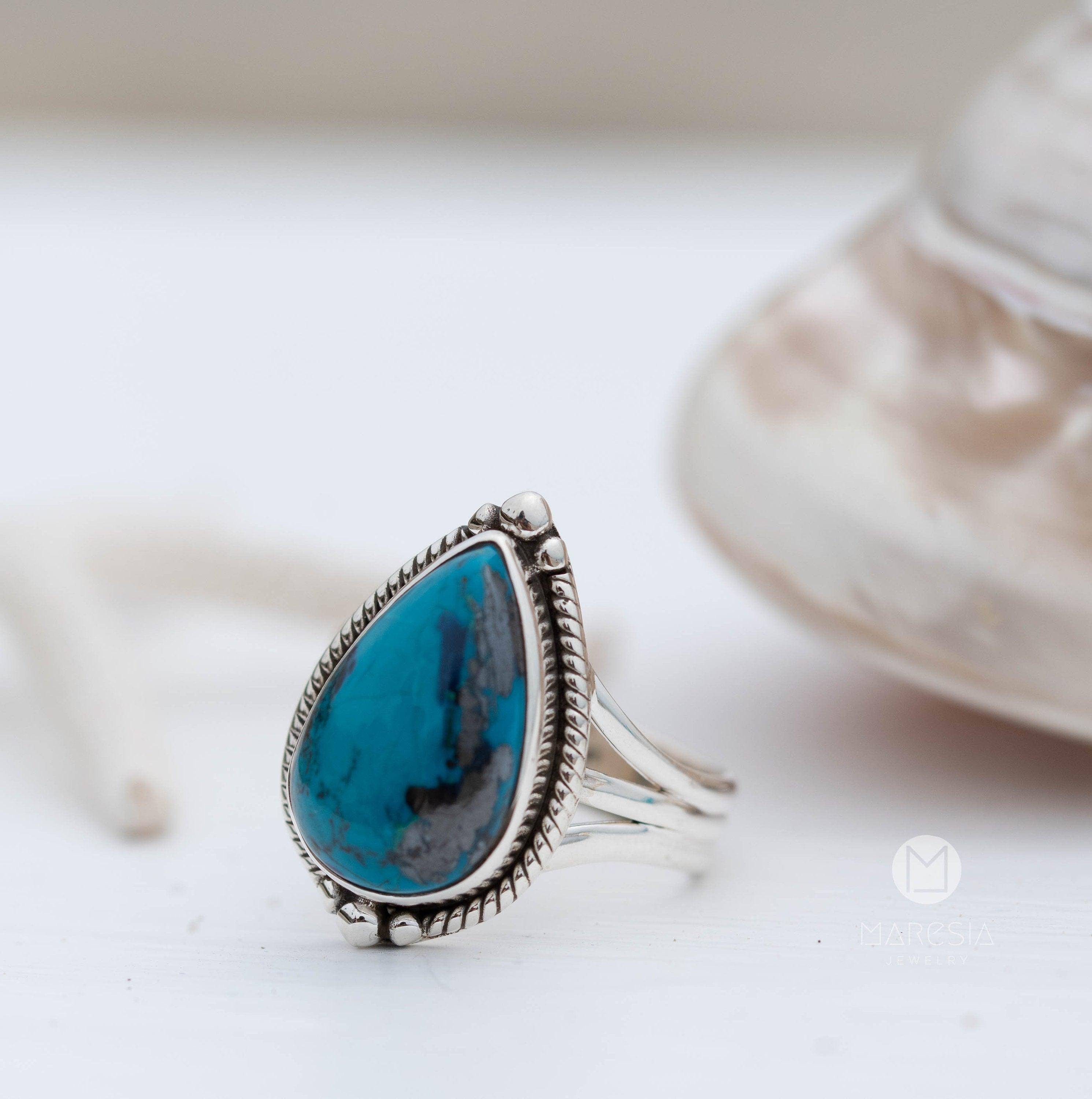 Azurite Tear Drop Ring ~ Gemstone ~ Natural ~ Sterling Silver 925~ Jewelry ~ Handmade ~ MR261