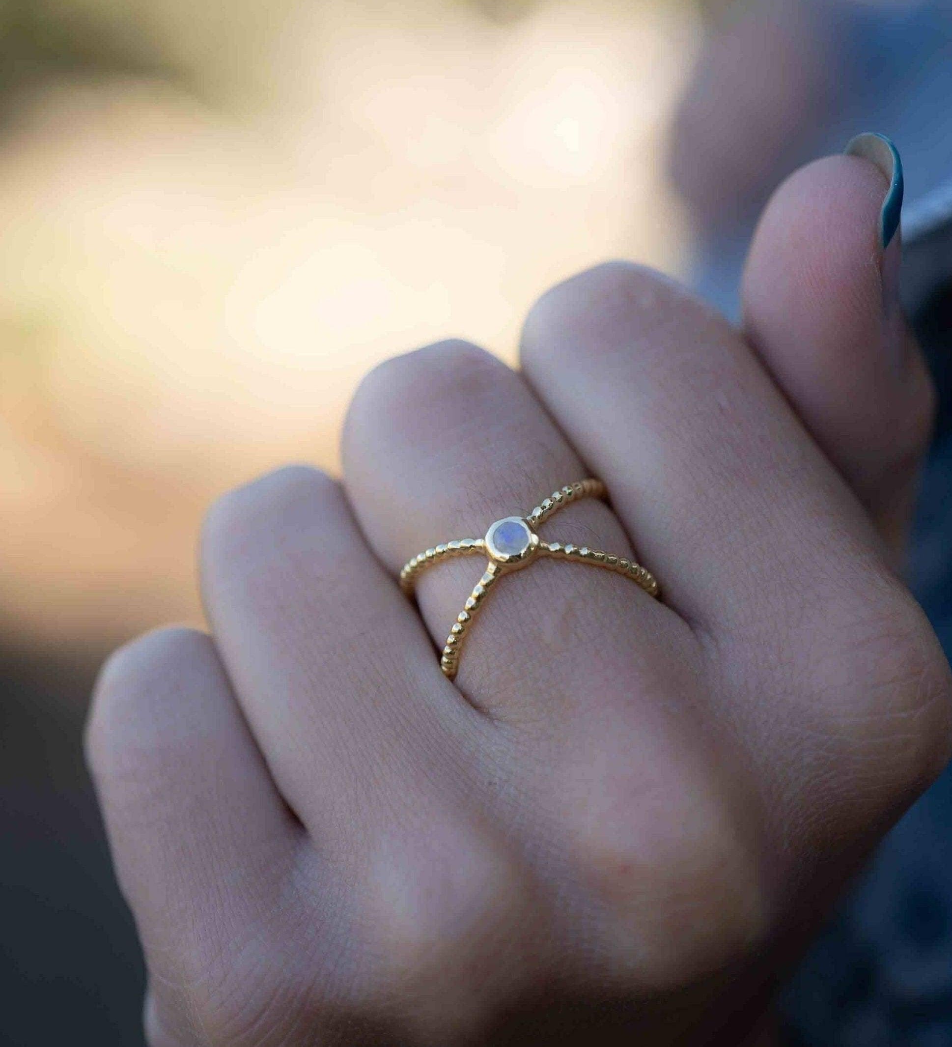 Moonstone X Ring ~ Gemstone ~ Natural ~ 18k Gold Plated ~ Jewelry ~ Handmade ~ Boho ~ June  Birthstone MR