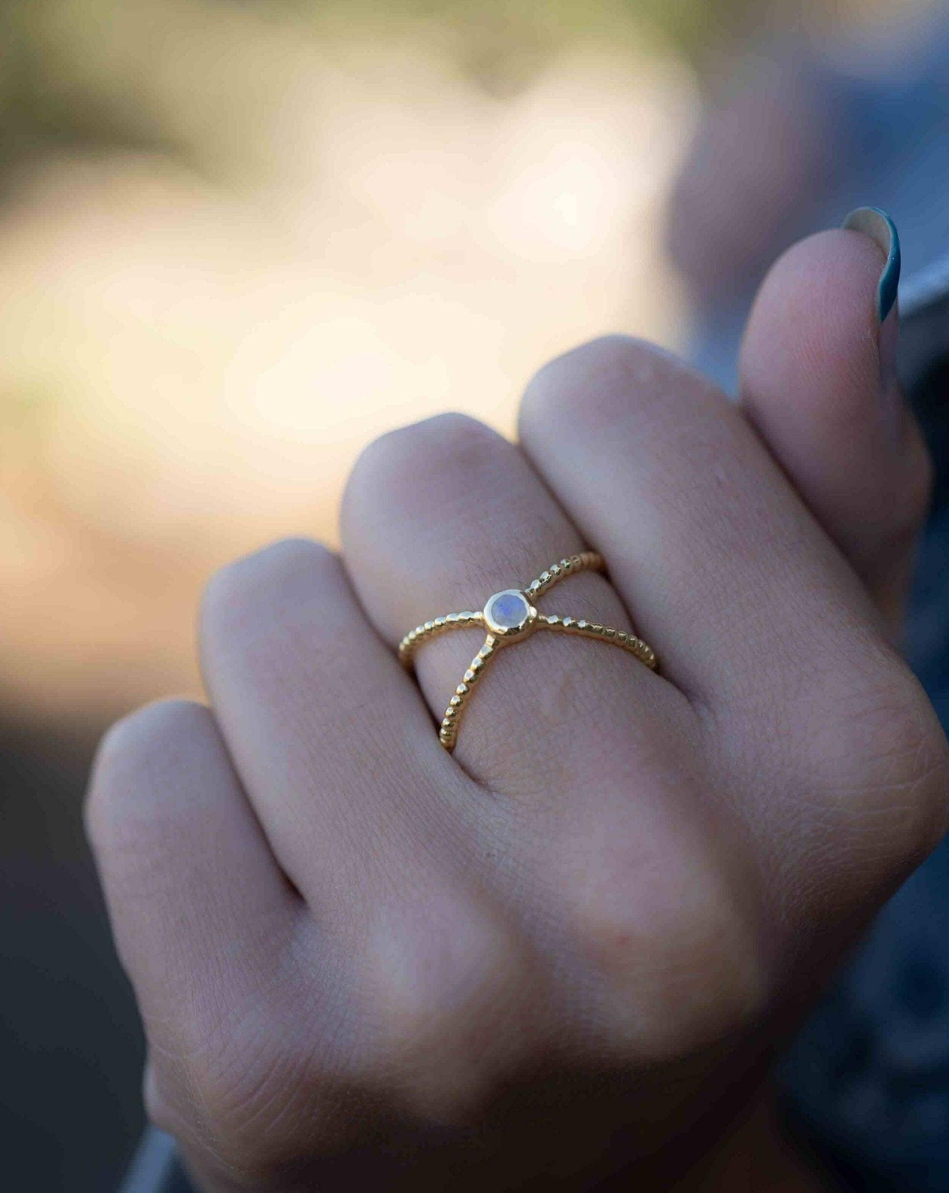 Moonstone X Ring ~ Gemstone ~ Natural ~ 18k Gold Plated ~ Jewelry ~ Handmade ~ Boho ~ June  Birthstone MR