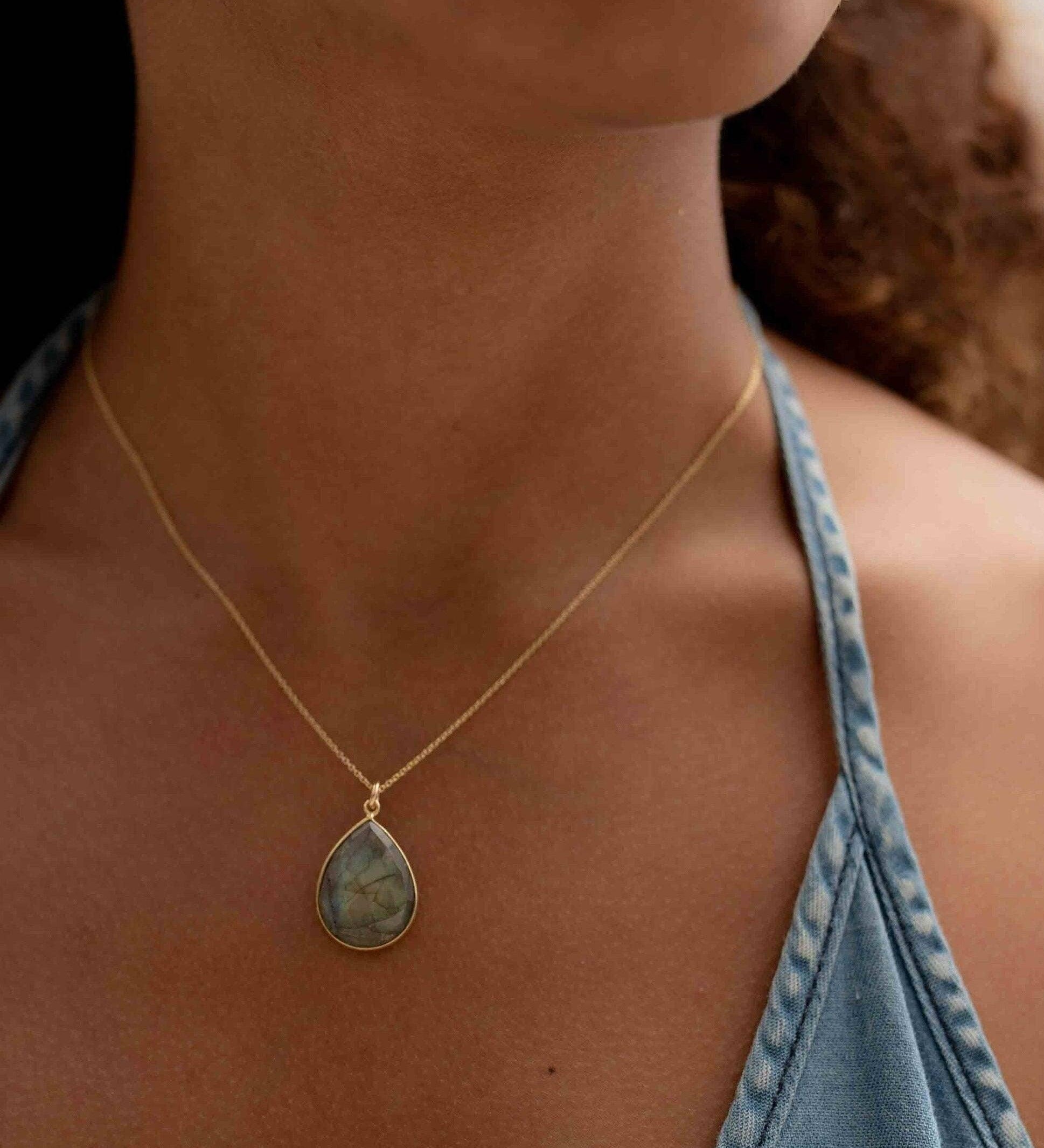 Labradorite, Aqua Chalcedony, Blue Chalcedony, Rose Quartz, Moonstone, Copper Turquoise, Emerald Necklace ~ Tear Drop ~ Gold Vermeil ~MN0