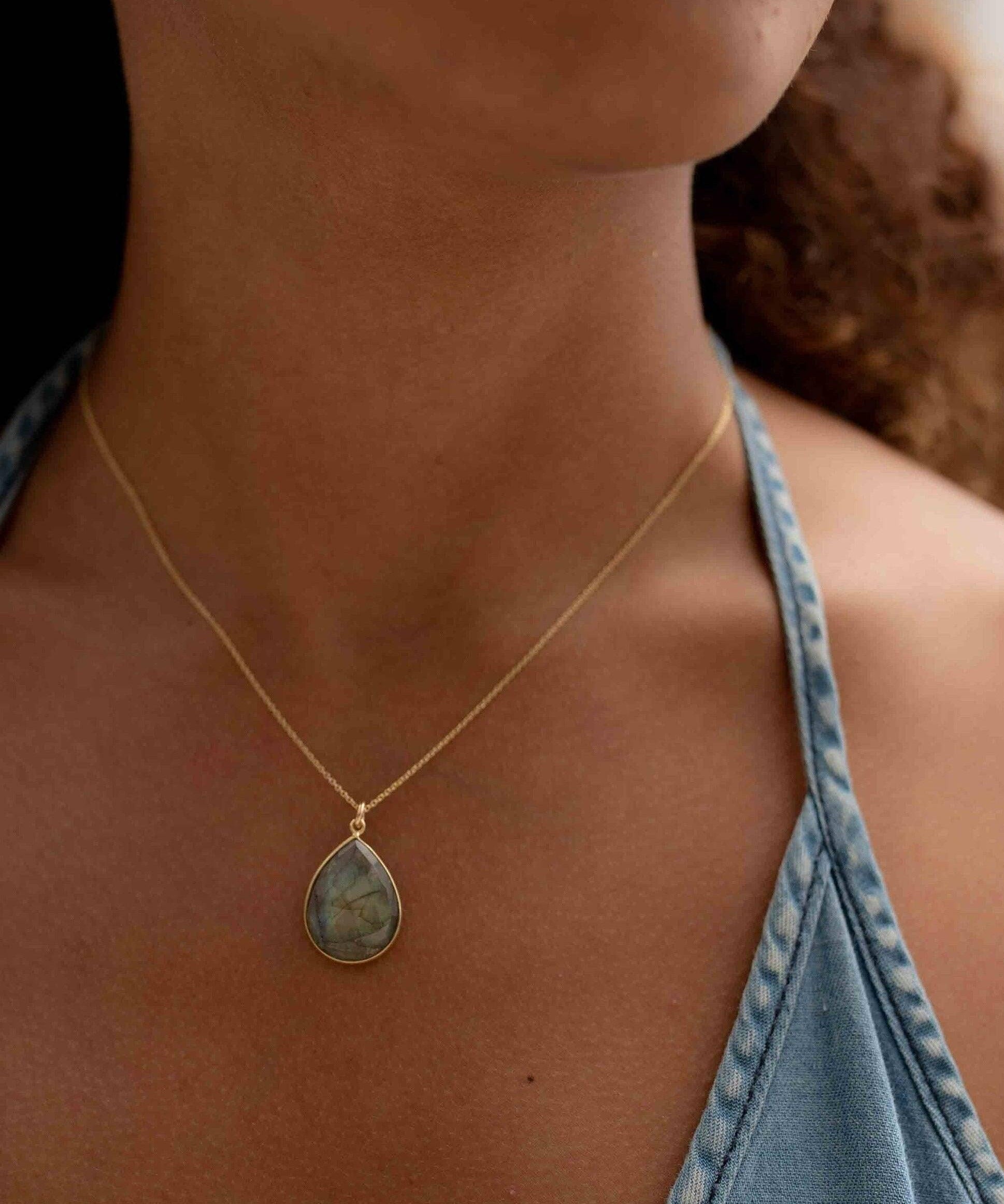 Labradorite, Aqua Chalcedony, Blue Chalcedony, Rose Quartz, Moonstone, Copper Turquoise, Emerald Necklace ~ Tear Drop ~ Gold Vermeil ~MN0