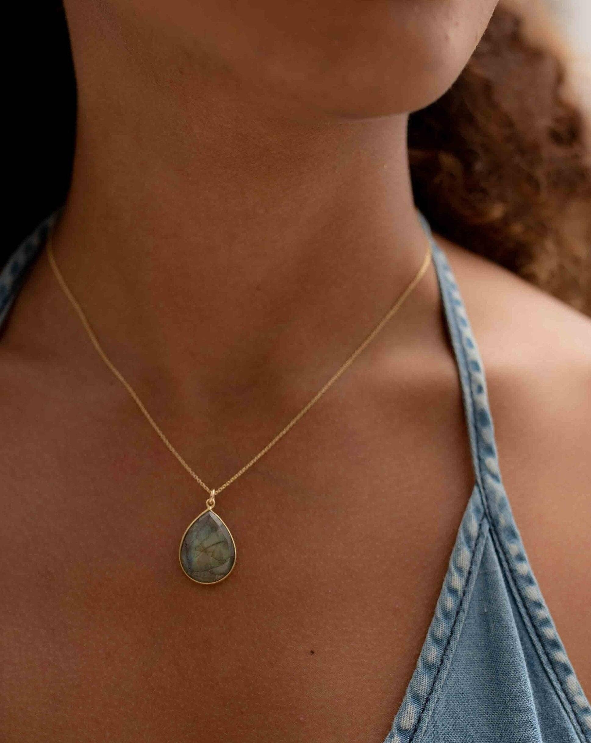 Labradorite, Aqua Chalcedony, Blue Chalcedony, Rose Quartz, Moonstone, Copper Turquoise, Emerald Necklace ~ Tear Drop ~ Gold Vermeil ~MN0