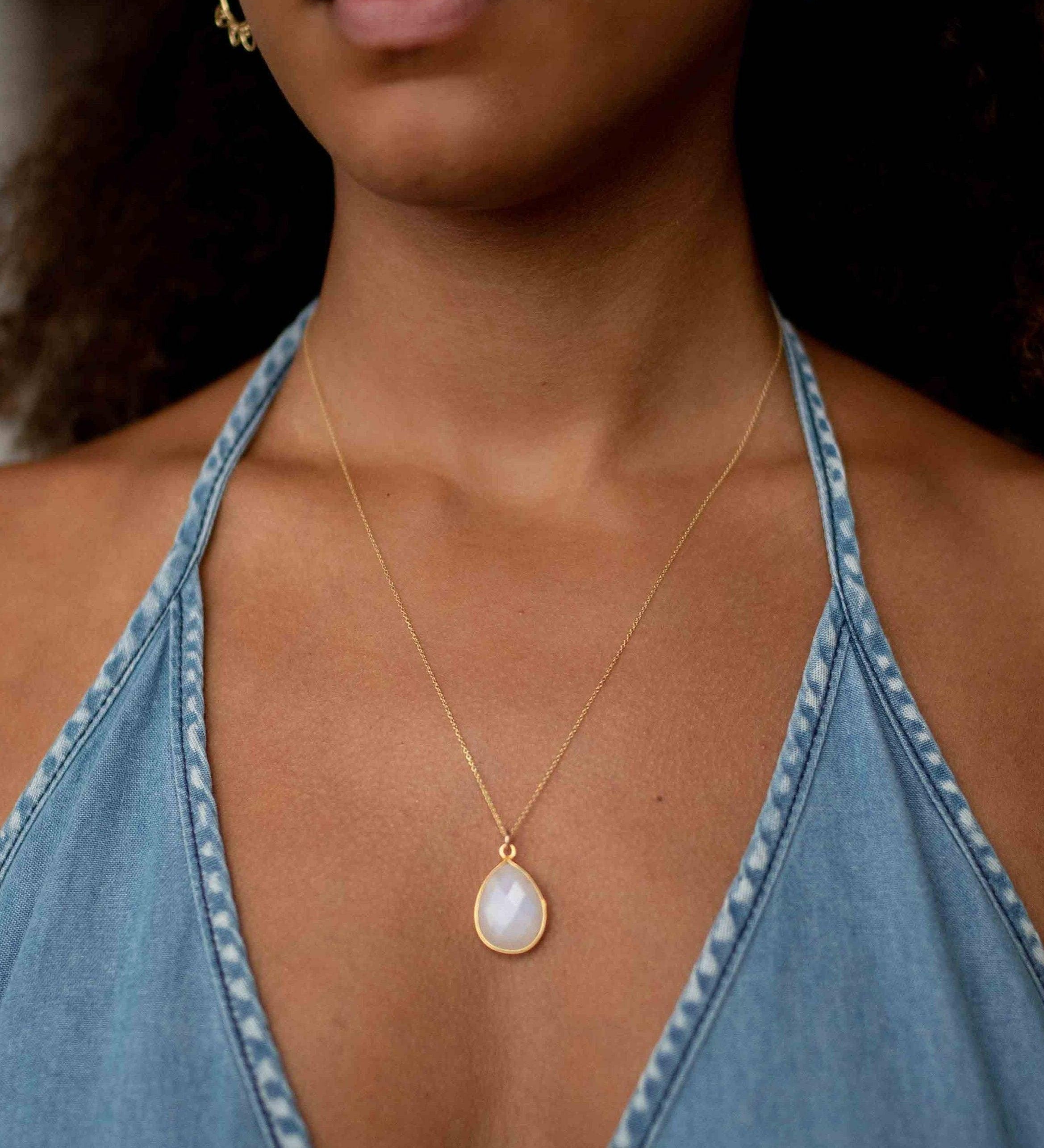 Labradorite, Aqua Chalcedony, Blue Chalcedony, Rose Quartz, Moonstone, Copper Turquoise, Emerald Necklace ~ Tear Drop ~ Gold Vermeil ~MN0