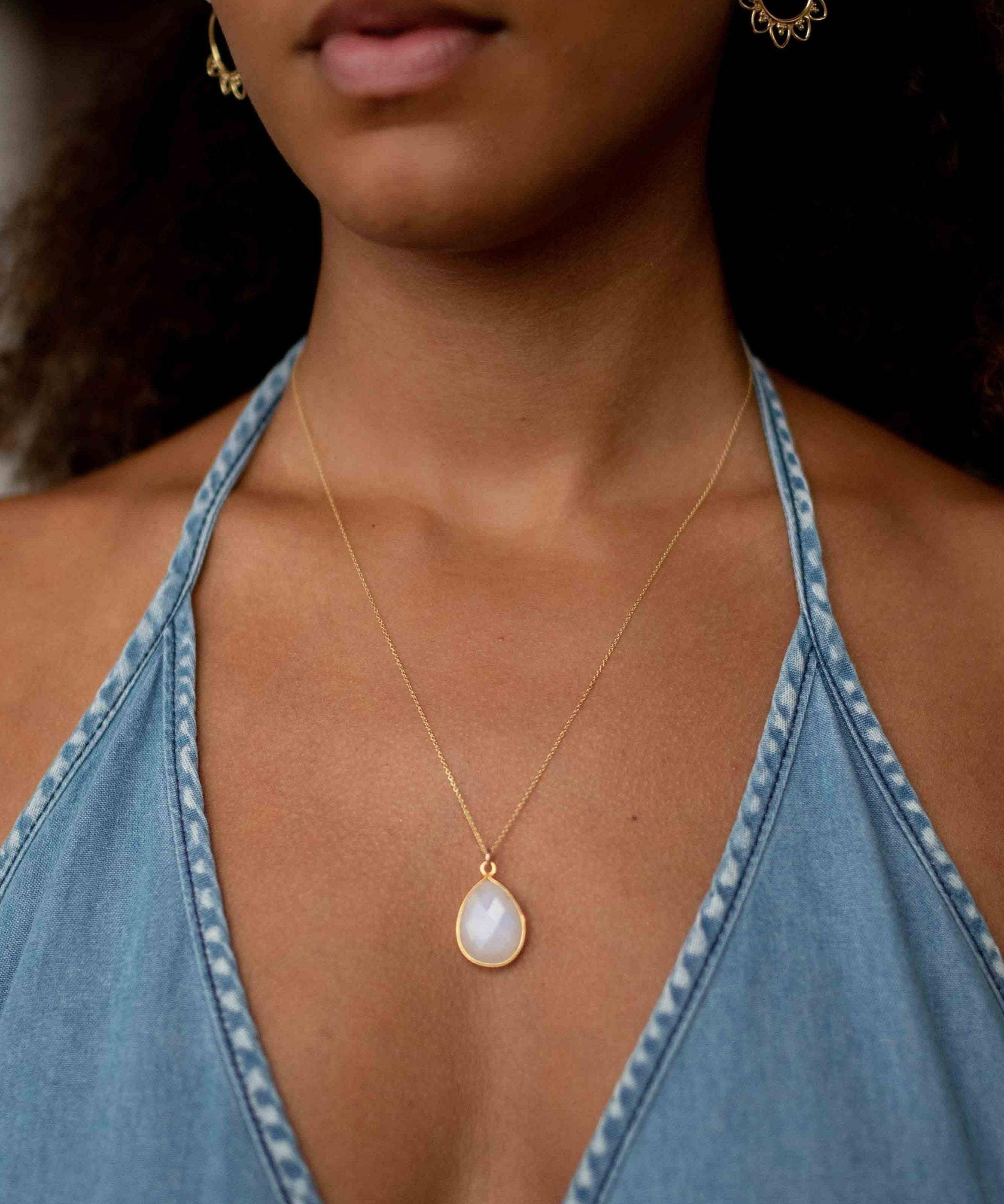 Labradorite, Aqua Chalcedony, Blue Chalcedony, Rose Quartz, Moonstone, Copper Turquoise, Emerald Necklace ~ Tear Drop ~ Gold Vermeil ~MN0