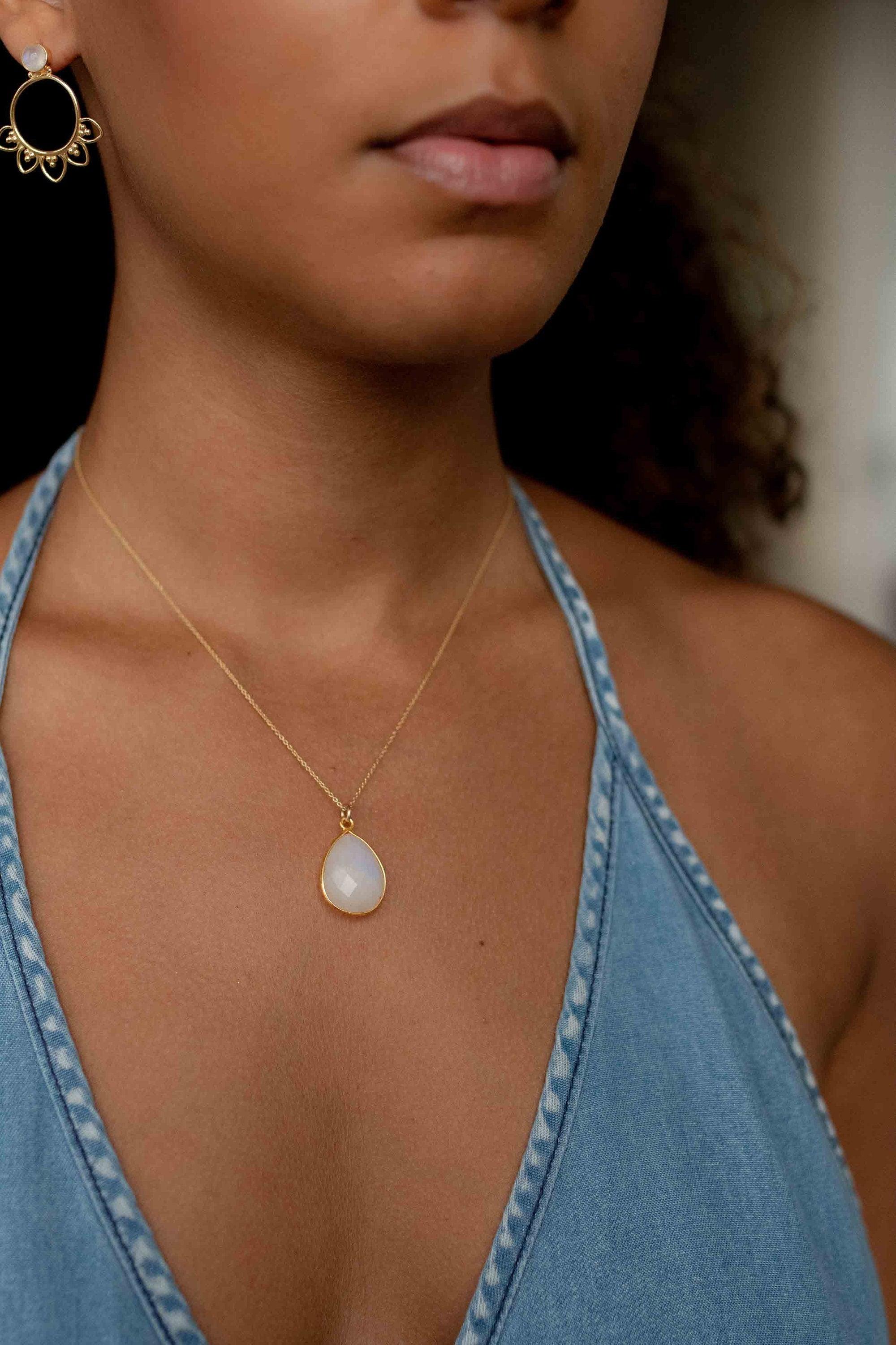 Labradorite, Aqua Chalcedony, Blue Chalcedony, Rose Quartz, Moonstone, Copper Turquoise, Emerald Necklace ~ Tear Drop ~ Gold Vermeil ~MN0