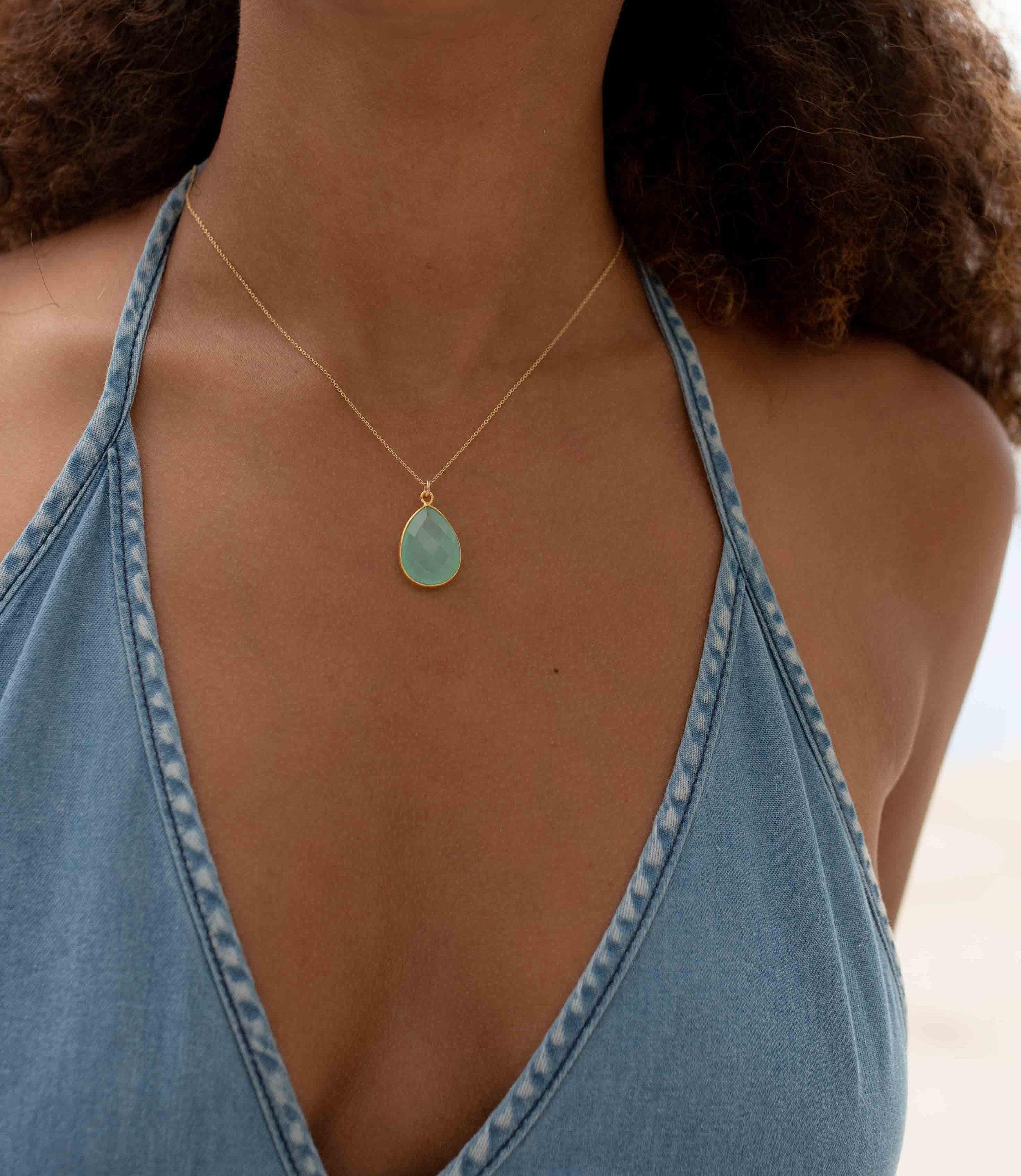 Labradorite, Aqua Chalcedony, Blue Chalcedony, Rose Quartz, Moonstone, Copper Turquoise, Emerald Necklace ~ Tear Drop ~ Gold Vermeil ~MN0