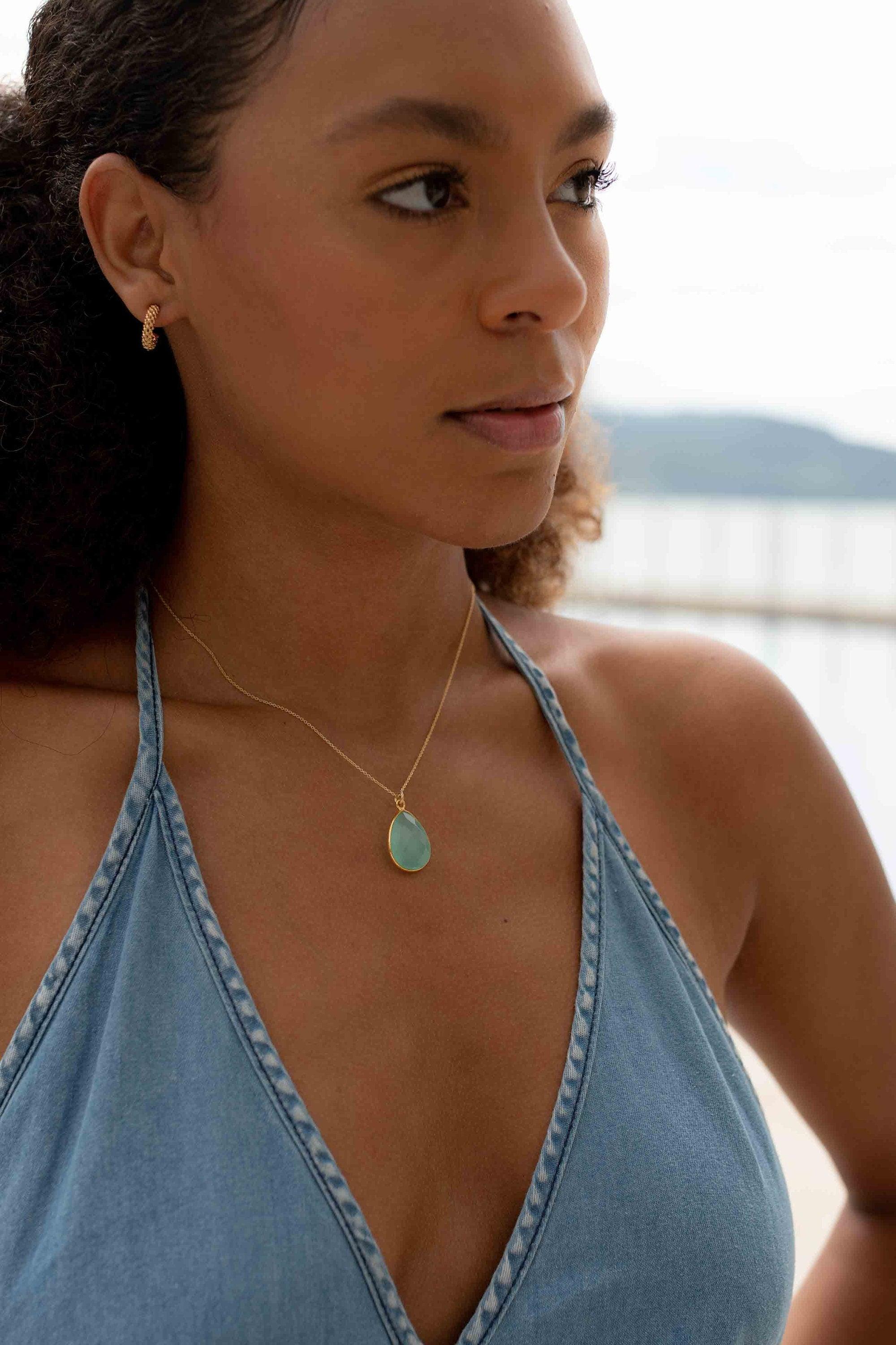 Labradorite, Aqua Chalcedony, Blue Chalcedony, Rose Quartz, Moonstone, Copper Turquoise, Emerald Necklace ~ Tear Drop ~ Gold Vermeil ~MN0