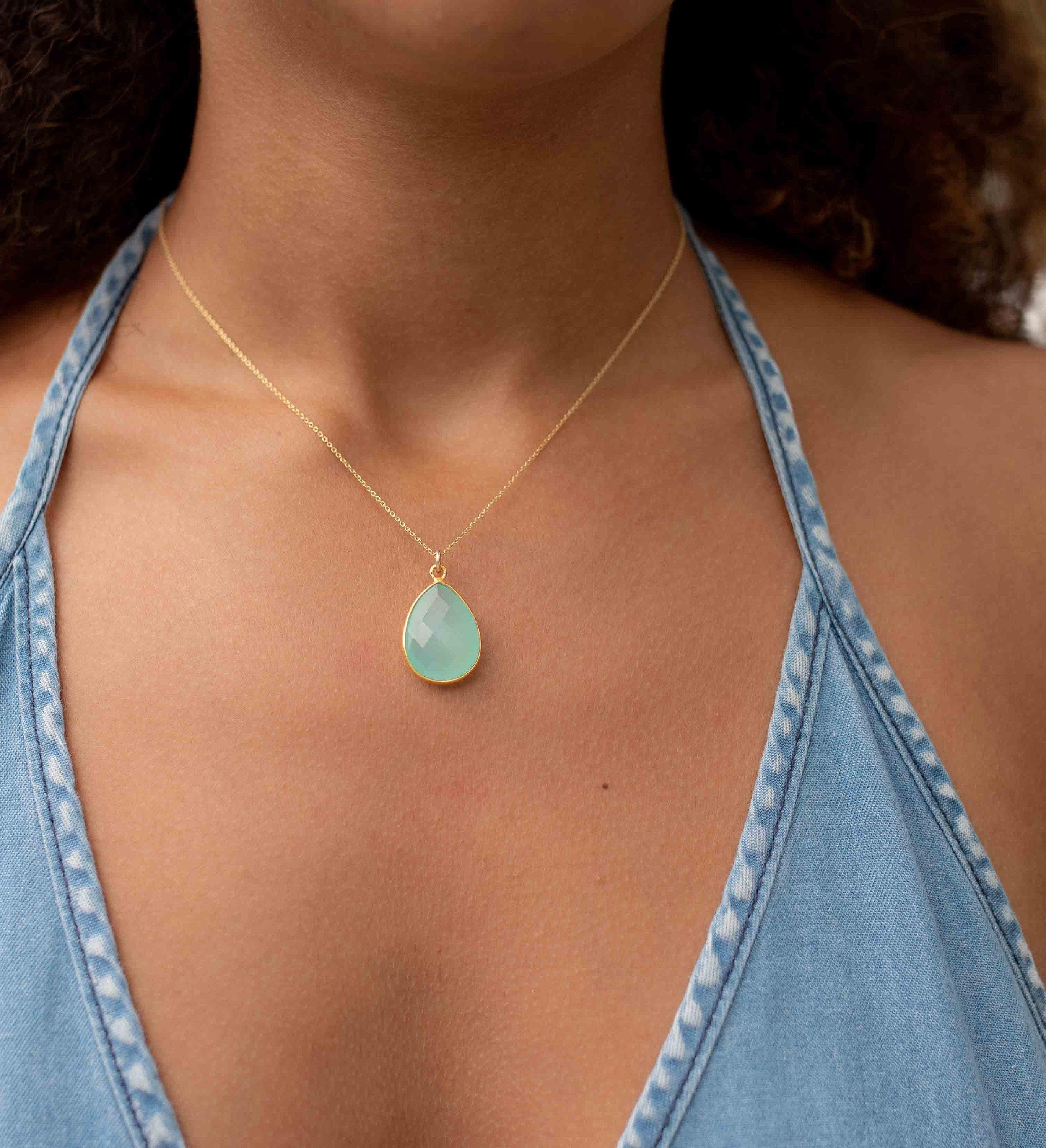 Labradorite, Aqua Chalcedony, Blue Chalcedony, Rose Quartz, Moonstone, Copper Turquoise, Emerald Necklace ~ Tear Drop ~ Gold Vermeil ~MN0