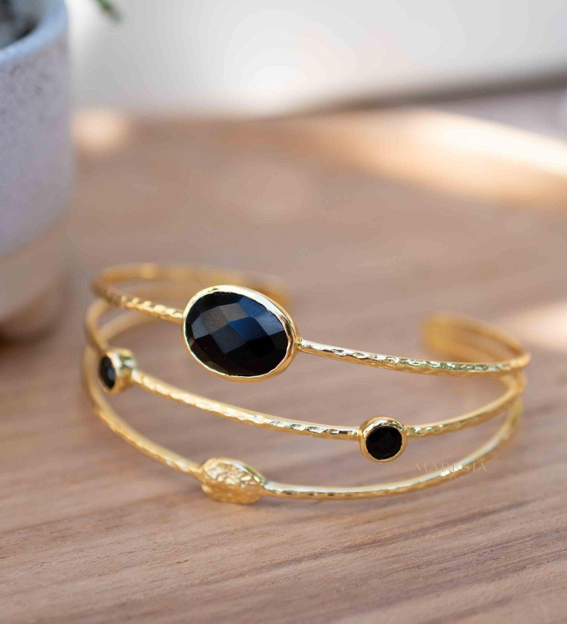 Black Onyx Adjustable Bracelet ~ Gold Plated 18k ~ Handmade ~Statement Hippie ~Bohemian ~Jewelry ~Gift For Her ~Gemstone ~Body MB056