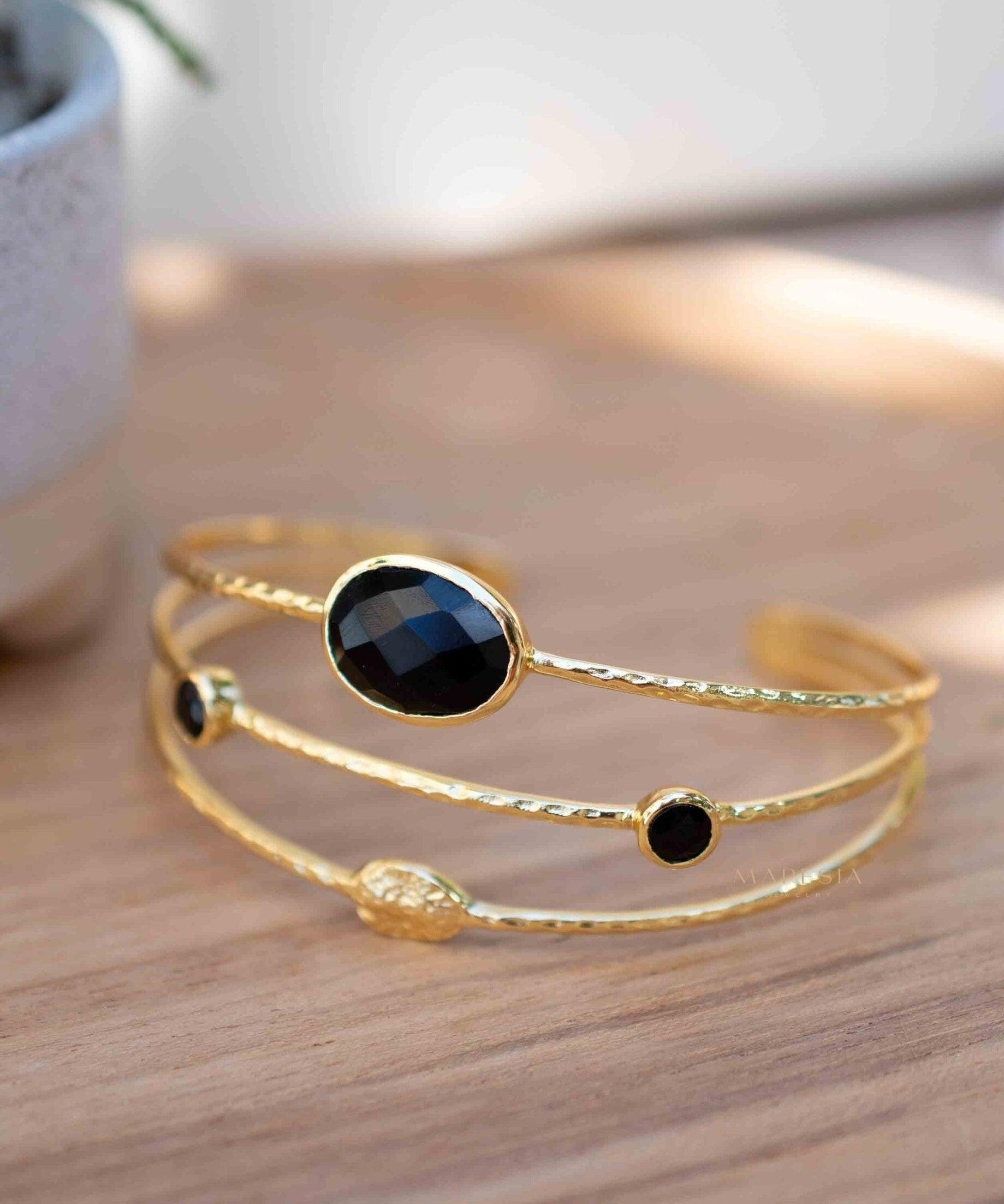 Black Onyx Adjustable Bracelet ~ Gold Plated 18k ~ Handmade ~Statement Hippie ~Bohemian ~Jewelry ~Gift For Her ~Gemstone ~Body MB056