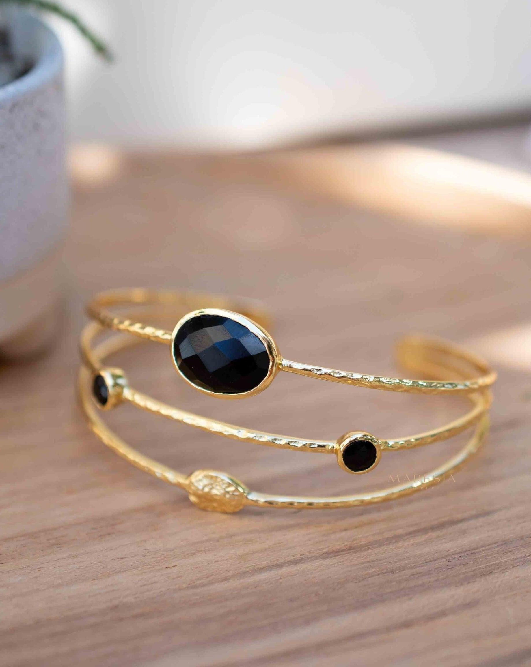 Black Onyx Adjustable Bracelet ~ Gold Plated 18k ~ Handmade ~Statement Hippie ~Bohemian ~Jewelry ~Gift For Her ~Gemstone ~Body MB056