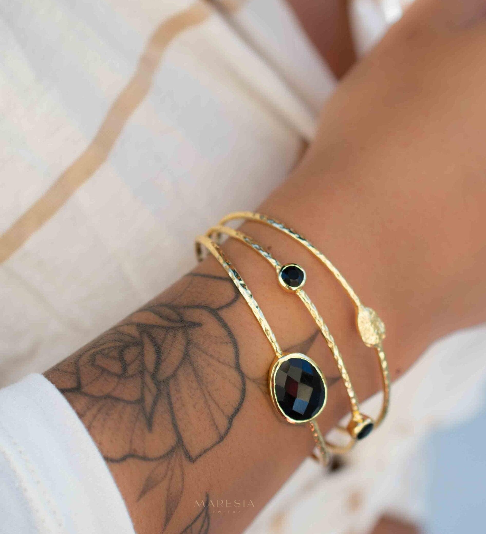 Black Onyx Adjustable Bracelet ~ Gold Plated 18k ~ Handmade ~Statement Hippie ~Bohemian ~Jewelry ~Gift For Her ~Gemstone ~Body MB056
