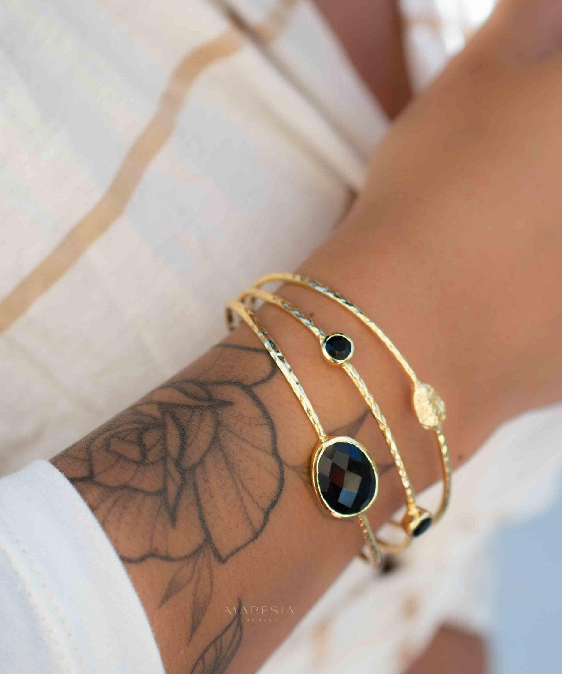 Black Onyx Adjustable Bracelet ~ Gold Plated 18k ~ Handmade ~Statement Hippie ~Bohemian ~Jewelry ~Gift For Her ~Gemstone ~Body MB056
