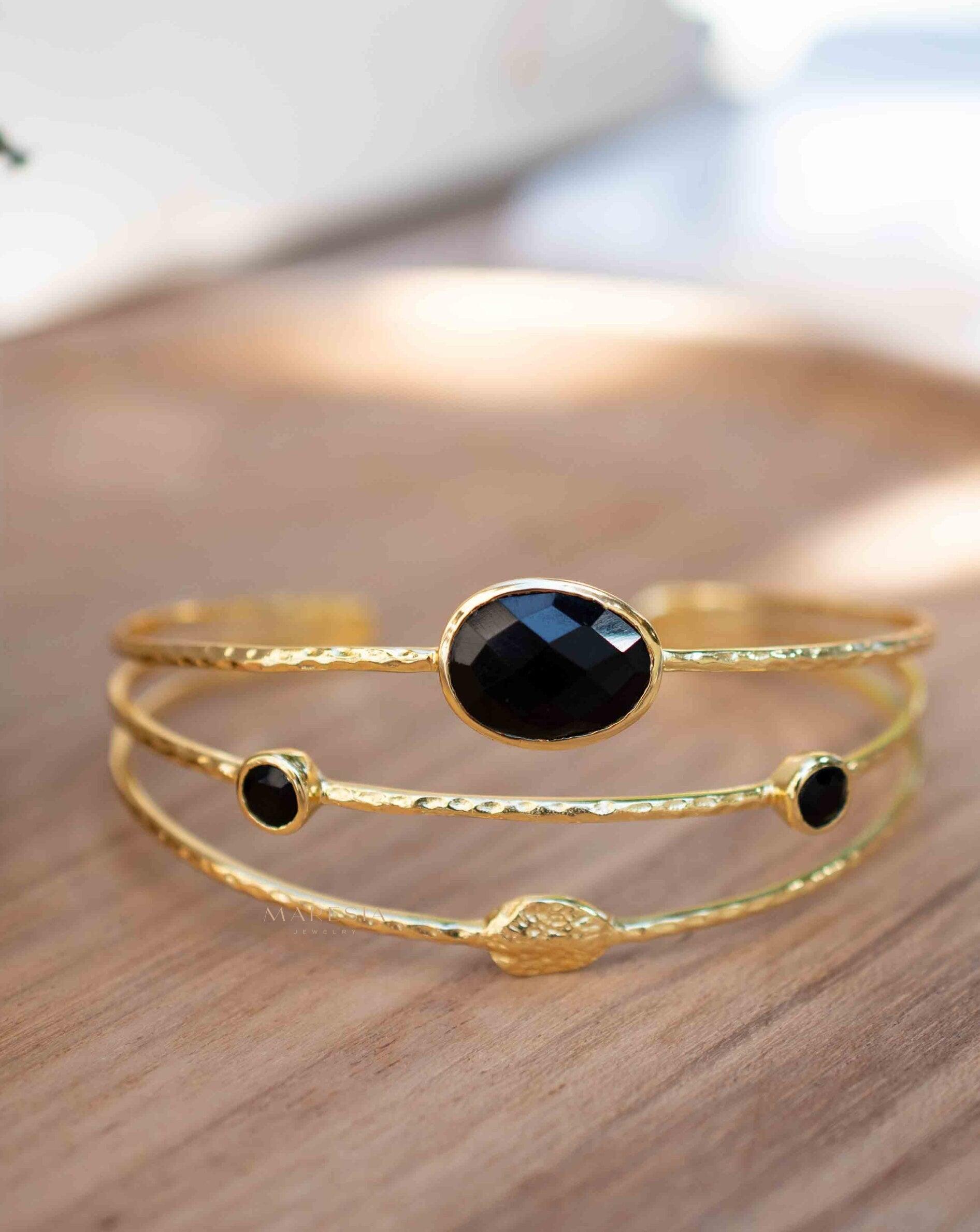 Black Onyx Adjustable Bracelet ~ Gold Plated 18k ~ Handmade ~Statement Hippie ~Bohemian ~Jewelry ~Gift For Her ~Gemstone ~Body MB056