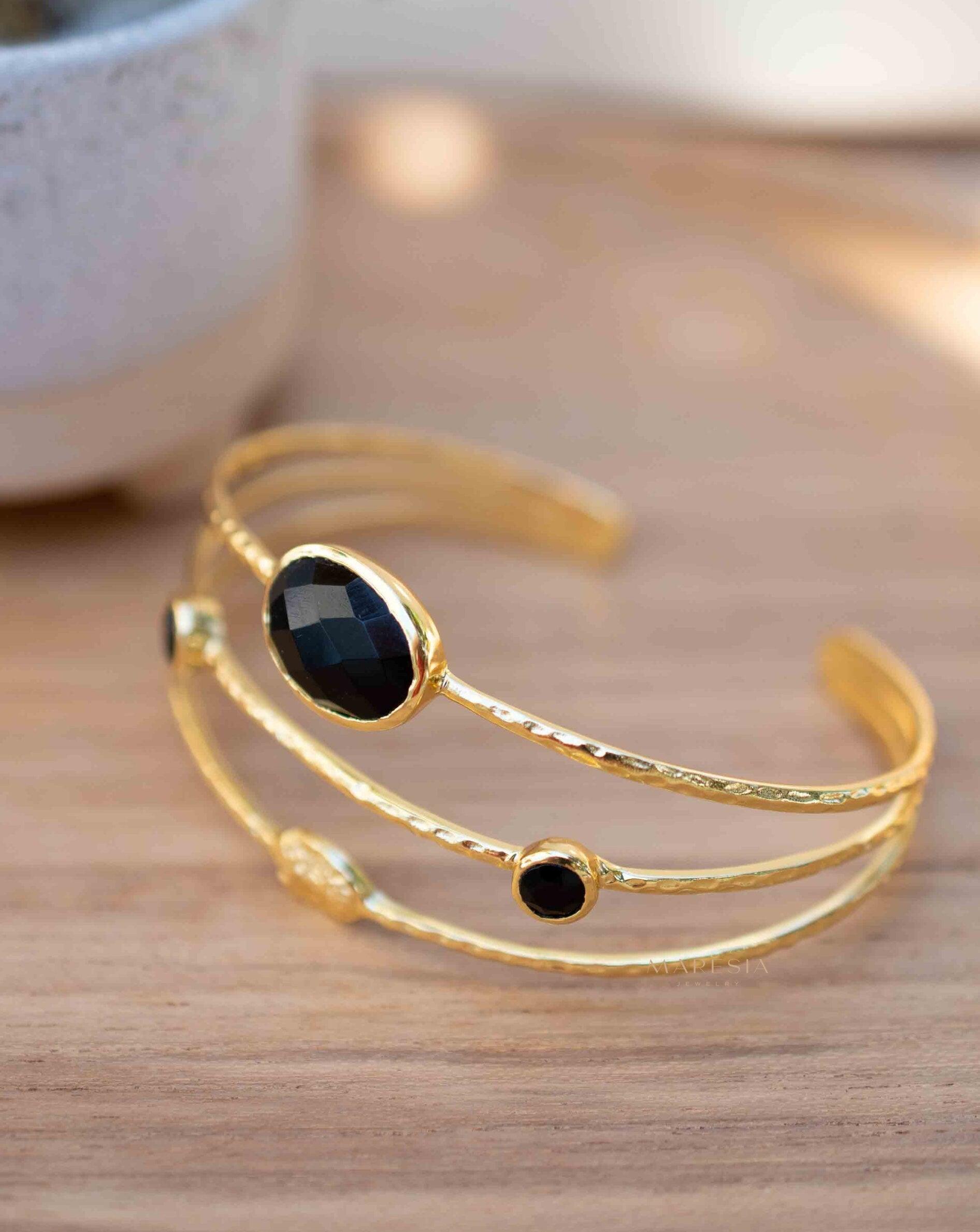 Black Onyx Adjustable Bracelet ~ Gold Plated 18k ~ Handmade ~Statement Hippie ~Bohemian ~Jewelry ~Gift For Her ~Gemstone ~Body MB056